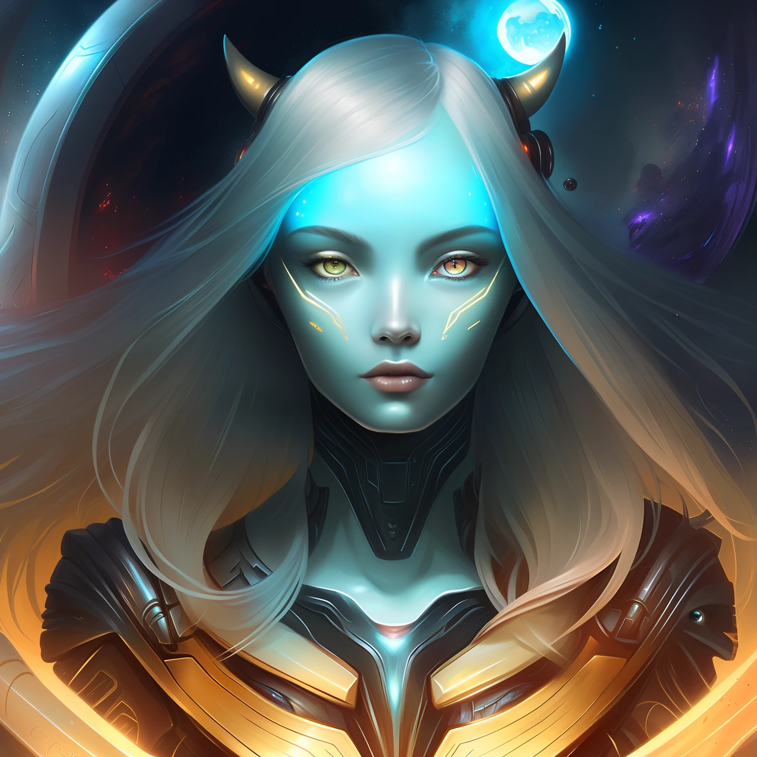 a close up of a woman with a strange face and a strange head, artgerm julie bell beeple, digital 2d fantasy art, epic fantasy sci fi illustration, alien girl, alien woman, detailed digital 2d fantasy art, portrait beautiful sci - fi girl, epic fantasy digital art style, cyborg goddess in cosmos, detailed matte fantasy portrait