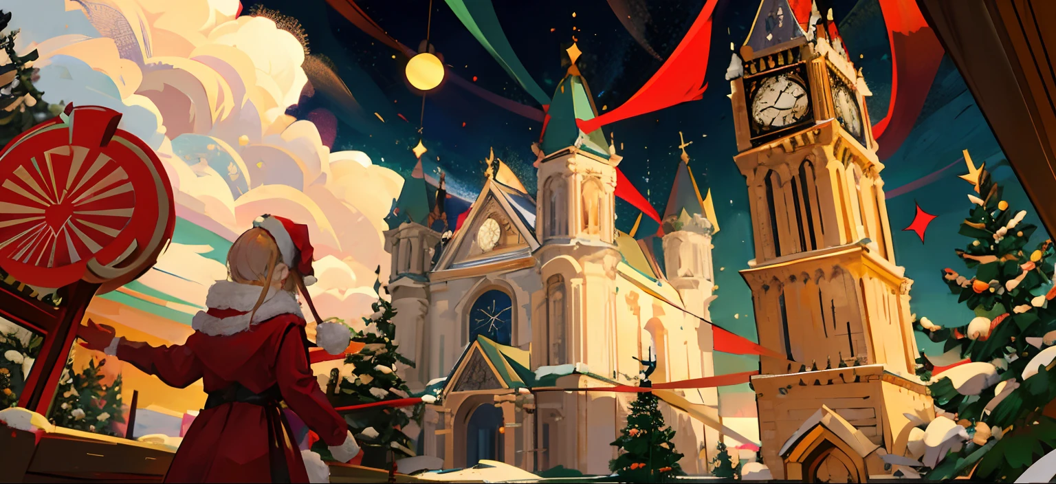 Close-up of Christmas scene with clock tower, amazing wallpapers, town background, author:Mykola Bratzek, background artwork, Christmas evening, author:Alexander Giemsky, 2 d cg, author:Christofov Zhefarovich, Beautiful wallpaper, a bustling magical town, fundo de casa, author:Alexander Kobzd, artwork of a