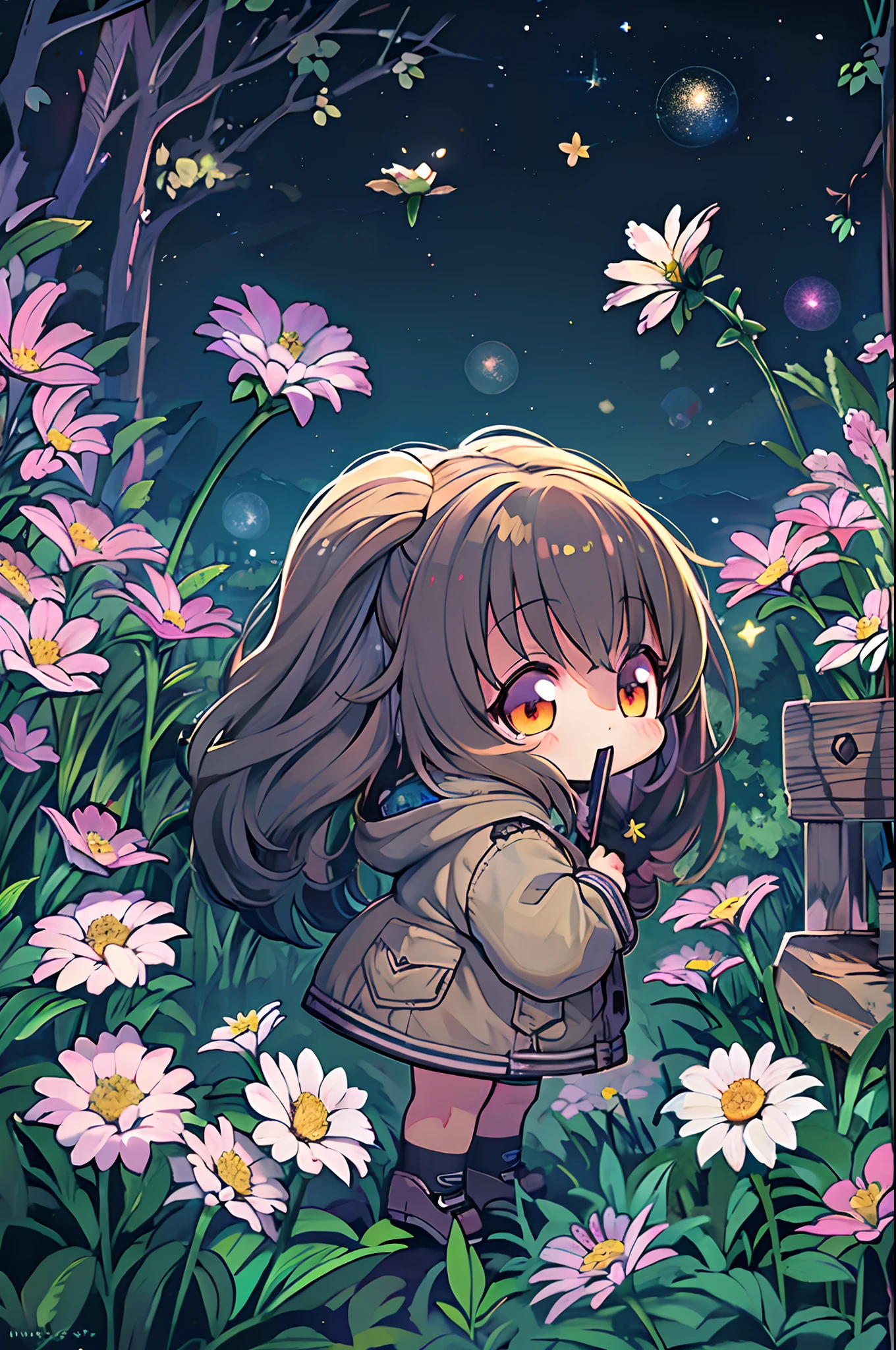 of the highest quality, high_resolution, Distinct_image, Detailed background, girl, flower, garden, Starry sky,、Chibi、Huge chubby、Ultramammy、