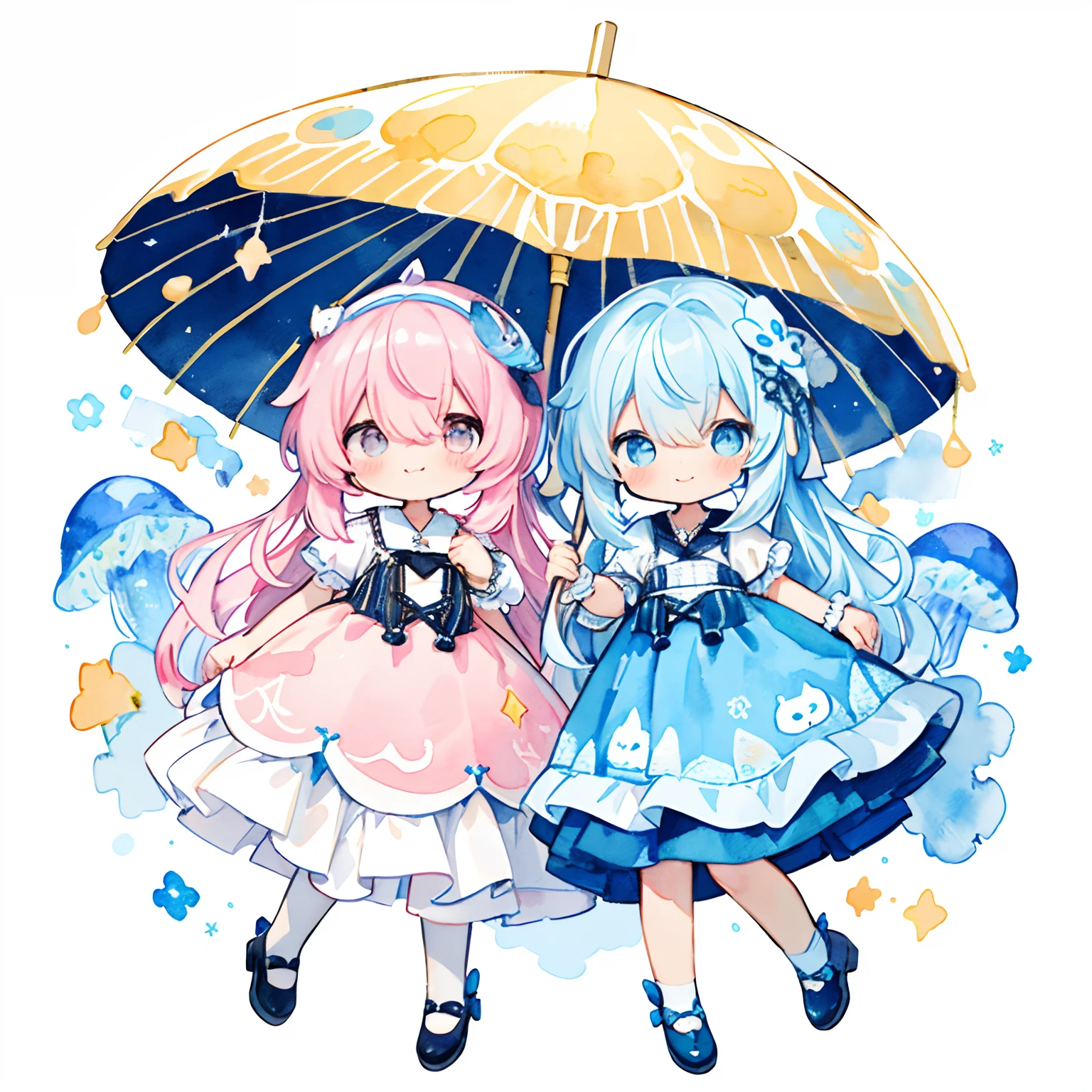 (PastelColors:1.5)、(Cute illustration:1.5)、(watercolor paiting:1.2)、(1girl in:1.0)、(White and light blue hair:1.2)、hair between eye、White background、girl with、full body Esbian、Jellyfish、Jellyfish girl, Umbrella like a jellyfish、Dresses with bulging skirts、The skirt part bulges、Jellyfish pattern design, Good Style、Double Layer Blue Long Dress Skirt、Glitter in the heart、White and light blue motifs, Light blue, Cute, Floral ornament on the head、Jellyfish、cute hair arrange, long、Wavy Hair、Smile, Upper body, Fantasy, Detailed picture、Fluttering、Cute shoes、A slight smil、Very cute、adolable、Howa Howa