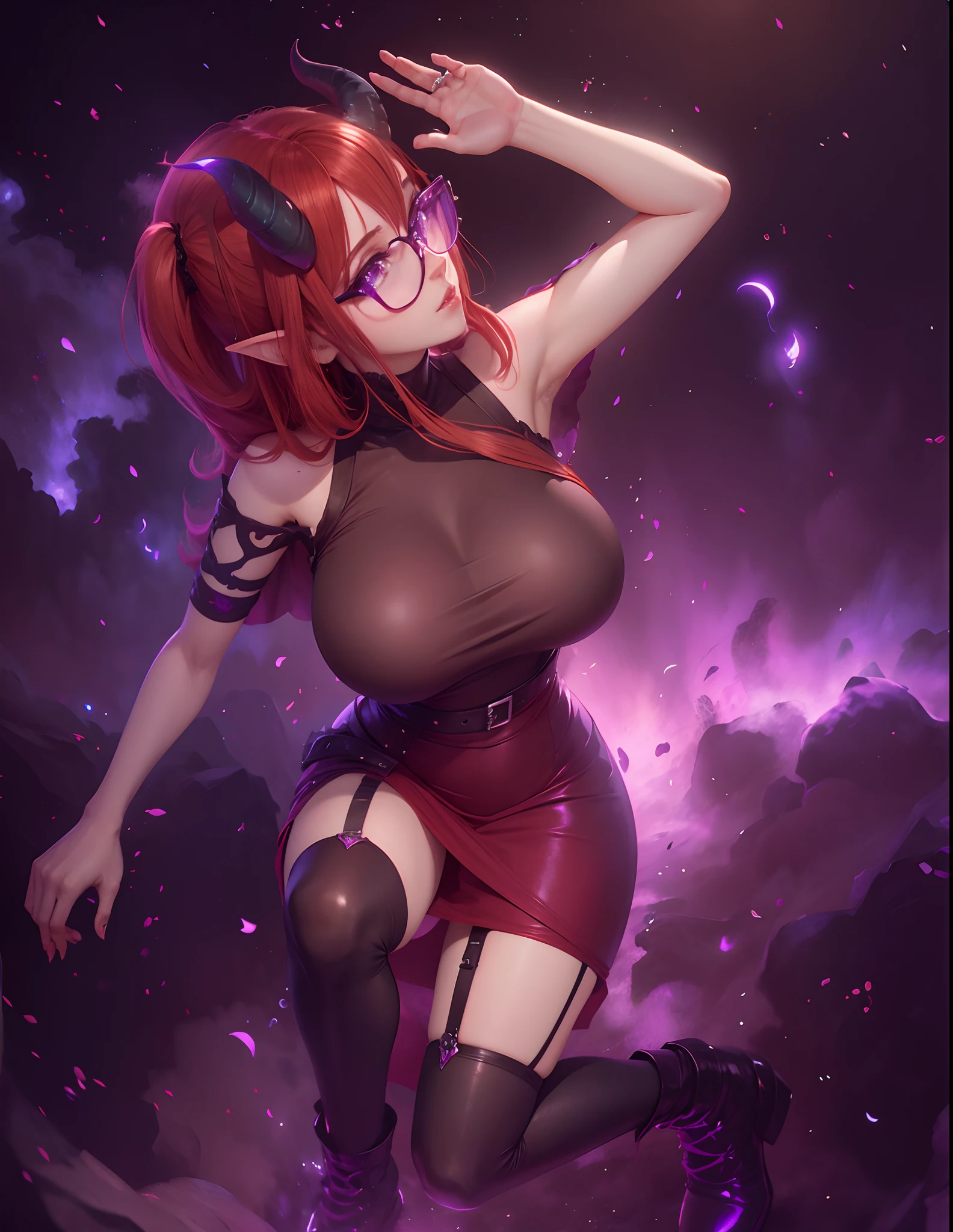 garota, anime, succubus, redhead, Posando, Chifres, vestir, Apertado, glasses, Purple, orelhas de elfo, best quality, Rosto detalhado, 8k