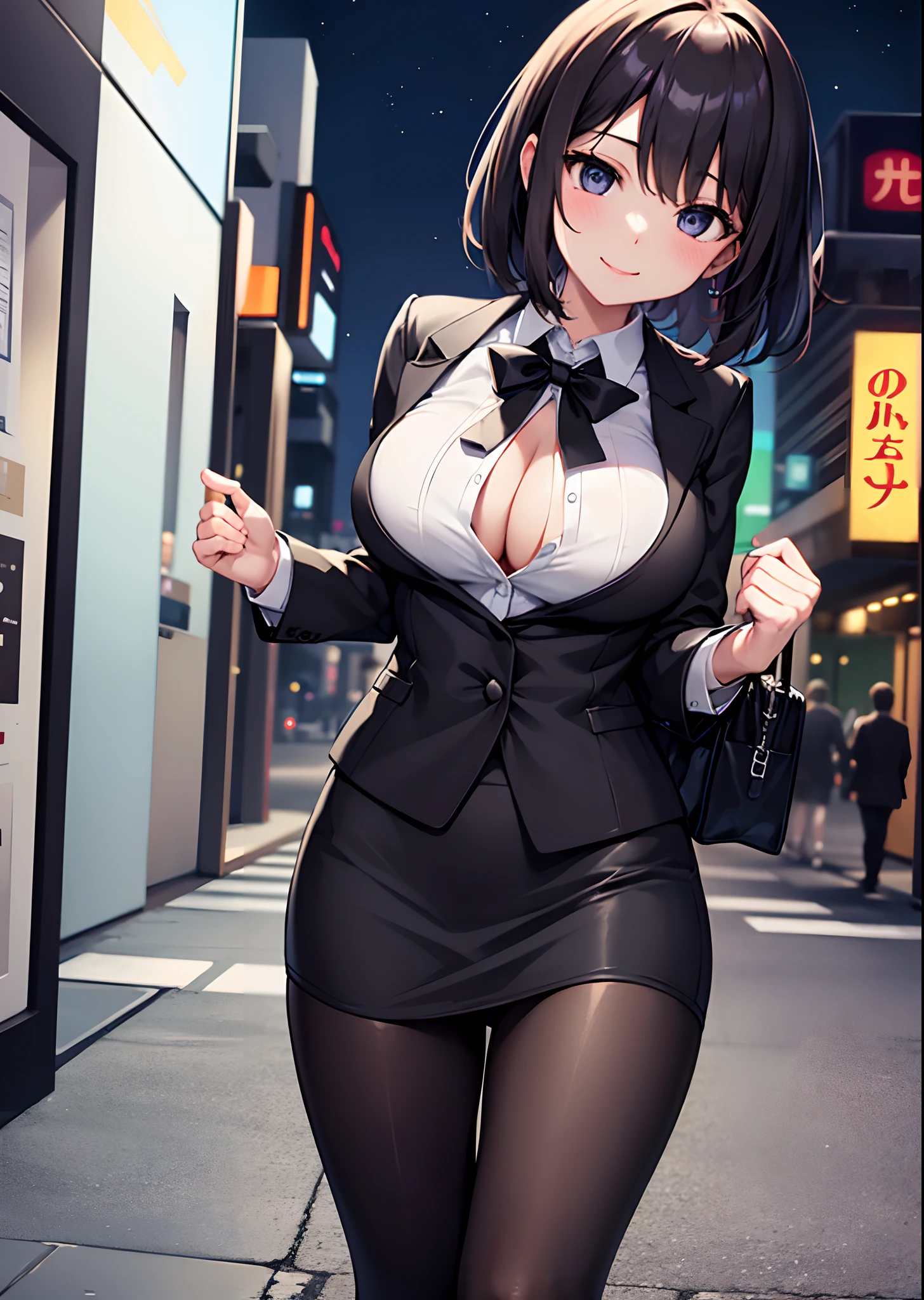 Solo office lady walking downtown at night、black suits、white shirt、tits out、cleavage of the breast、teats、Black tight skirt、Futomo、bags、A smile、Drunken look