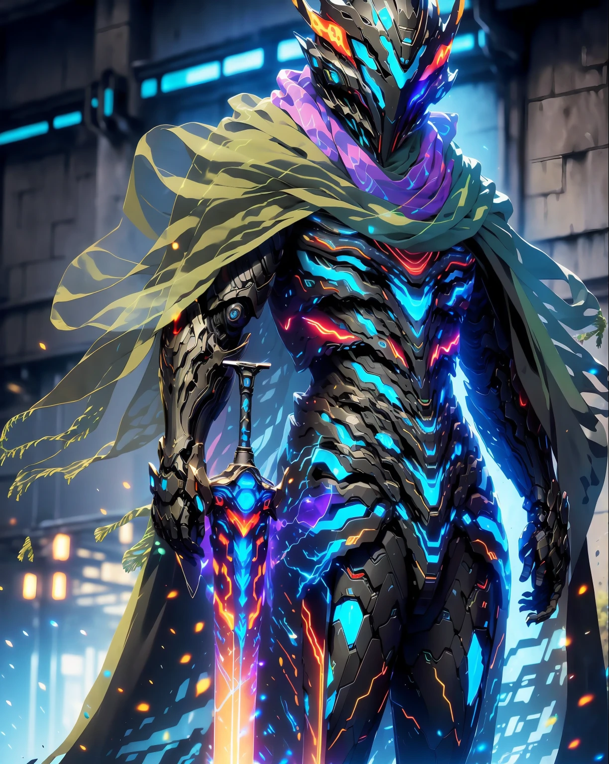 realistic,shiny,reflective,bioluminic, galactic cybernetic mask,mecha,(assassin:1.2),((((scarf,long cloak)))),sh4g0d,GlowingRunes_red,fullbody,cinemnatic,dark background,backlight,high contrast,