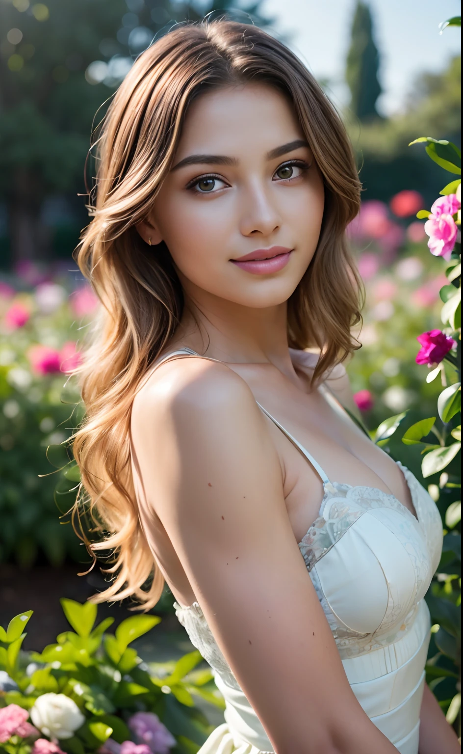 (best quality,4k,highres,ultra-detailed,realistic:1.37),studio lighting,vivid colors,bokeh,garden,flowers,greenery,beautiful background,mysterious atmosphere,soft lighting,gorgeous setting,ethereal beauty,feminine charm,graceful pose,expressive eyes,perfect skin,flowing hair,alluring smile,artistic interpretation,professional photography.
