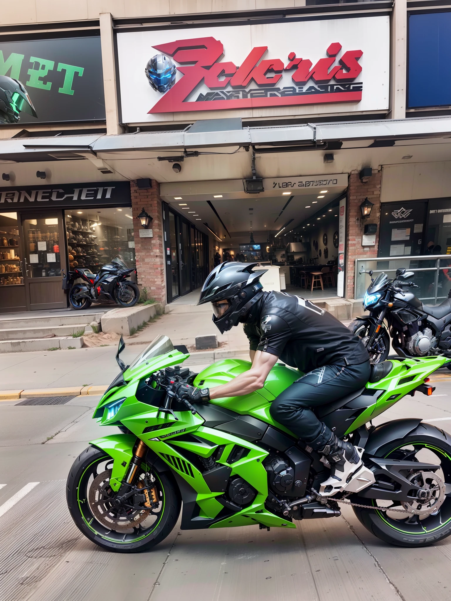 Black Cyber mechanical motorcycle,High-tech black full enveloping helmet,Nousr, Biomechanicals,High-tech helmet,hyper realisitc, Steel, Complex design, insanely details, finely detailled, Extremely clear lines, cinmatic lighting, photograph realistic, A detailed masterpiece