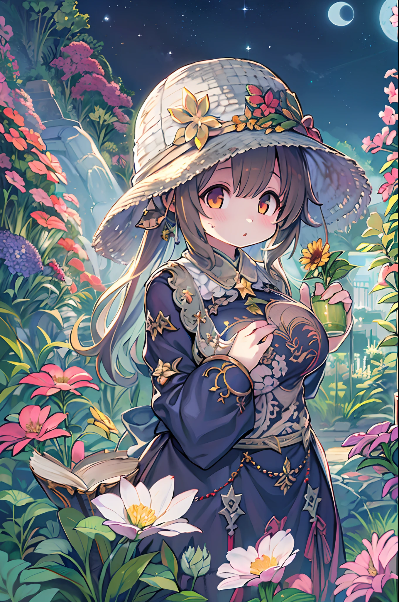 of the highest quality, high_resolution, Distinct_image, Detailed background, girl, flower, garden, Starry sky,、Huge chubby、Ultramammy、