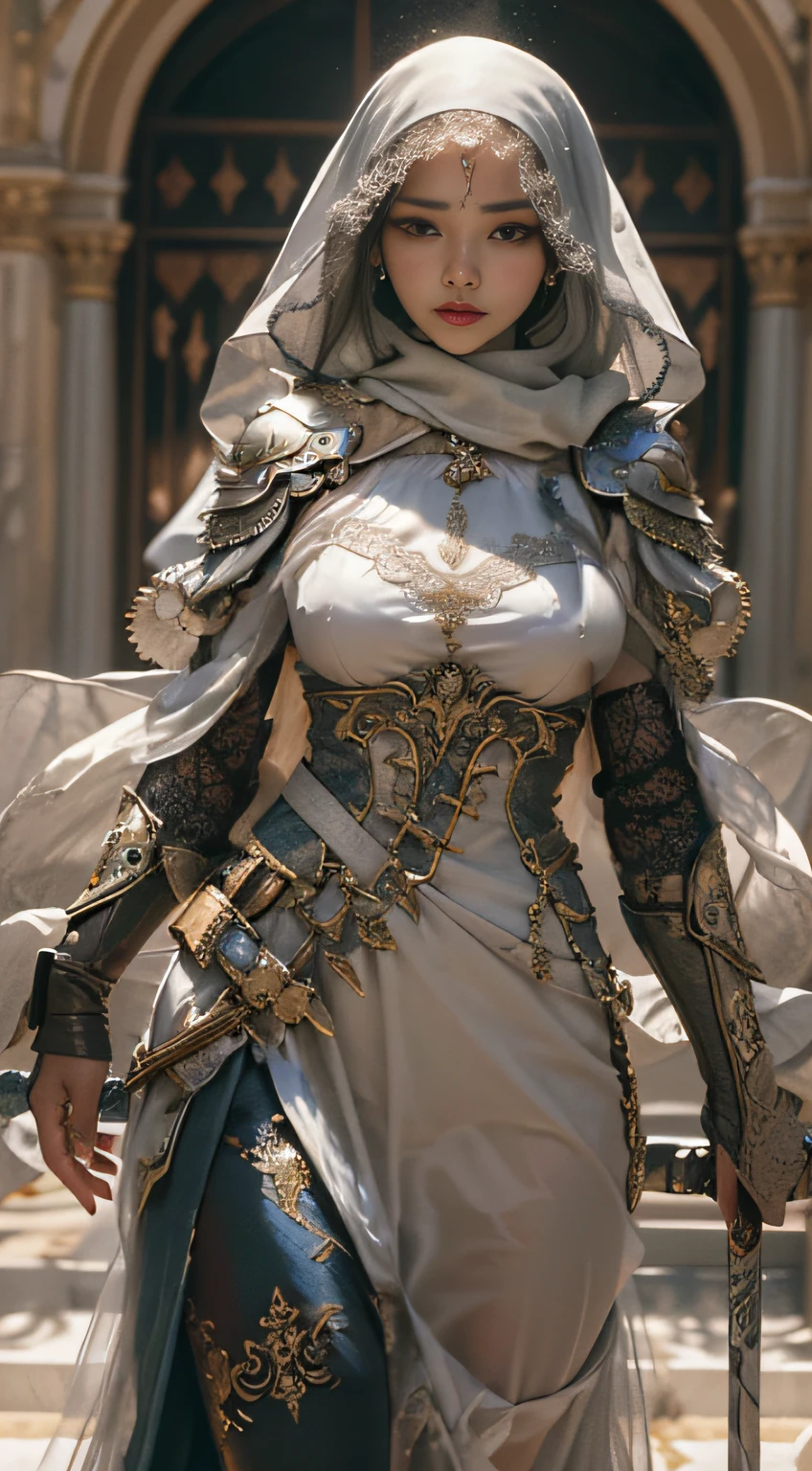 masterpiece, best quality, cinematic light, ultra high res, 8k uhd, intricate details, nature light, film grain, dreamlike, perfect anatomy, best shadow, delicate, RAW>, pleasured expression, spotless face, perfect face, perfect body, expressive eyes, 2girls, wearing cape hijab, attacking each other, sword fighting on the battlefield in front yard of a sultan palace, whole body covered by long dress, wearing full body battle armor, chest cover accessories, non-transparent clothing, angry face, kpop idol face, perfect face, perfect body, big chest,