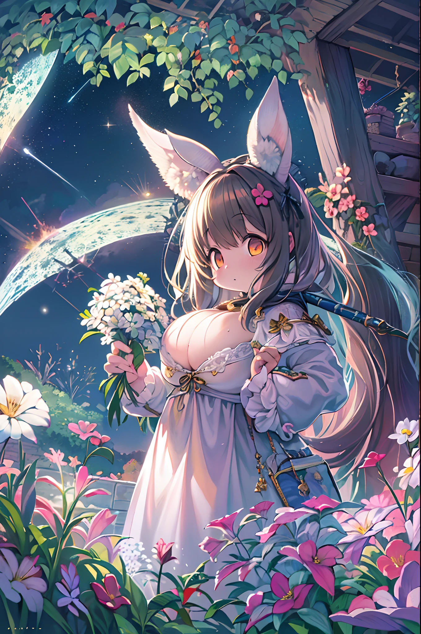 of the highest quality, high_resolution, Distinct_image, Detailed background, girl, flower, garden, Starry sky,、Huge chubby、Ultramammy、