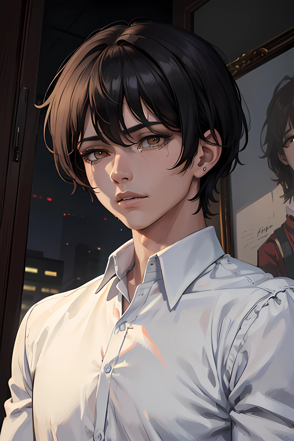 1men, portrait, 25 years old, Crying, black hair, golden eyes, short hair, white shirt, blood, solo, spectator look, upper body, sky, (masterpiece:1.2, best quality)