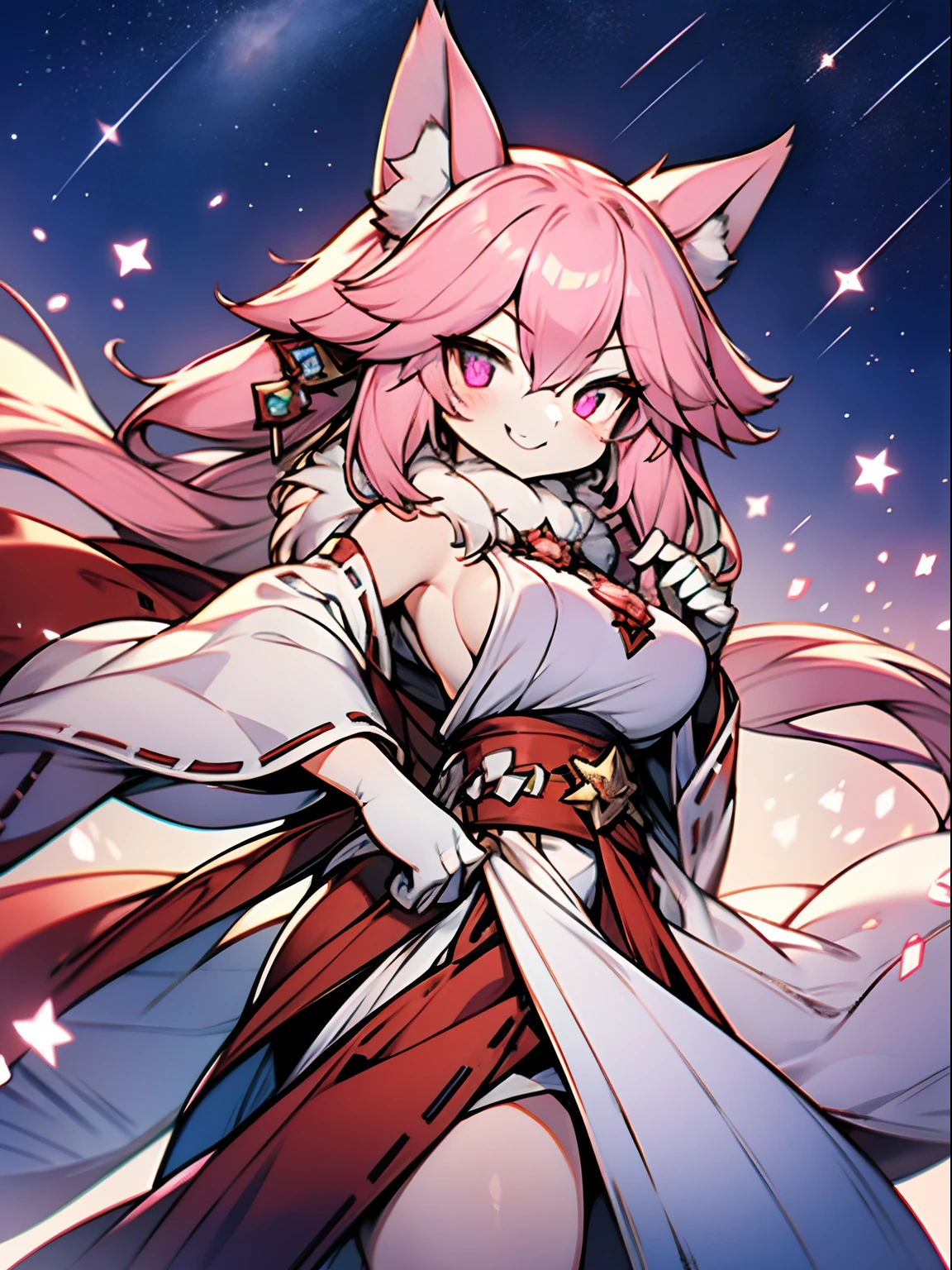 Fox girl, furry, furry, pink fur, pink face fur, long pink hair, reddish-pink gradient eyes, super cute face, pink element on fur, miko, beautiful lights and shadows, ambient light, super fine fur, volumetric light, night, clouds and stars in the sky, starry sky outside, shooting stars, natural lighting, smile, fluffy tail, color contact lenses, big boobs, thicc, smirk, mesugaki,