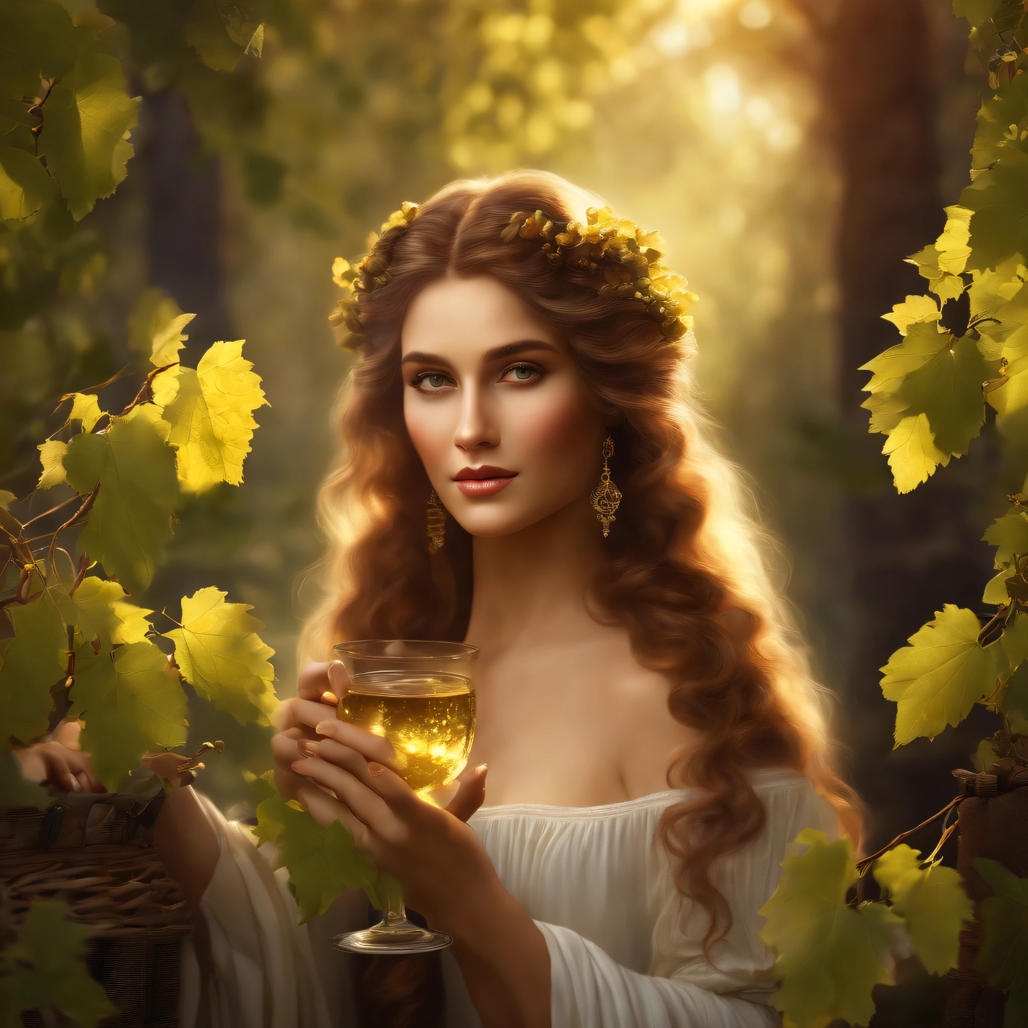 (greek goddesses,dionysus),rural landscape,beautiful flowing dress,flowing hair,grape vines,forest backdrop,sunlight filtering through trees,music and tambourines,faint smell of wine,mystical atmosphere [(ancient greek,classic) painting style:1.1], (best quality,highres,masterpiece:1.2), (realistic,photorealistic,photo-realistic:1.37),vibrant colors,soft golden lighting