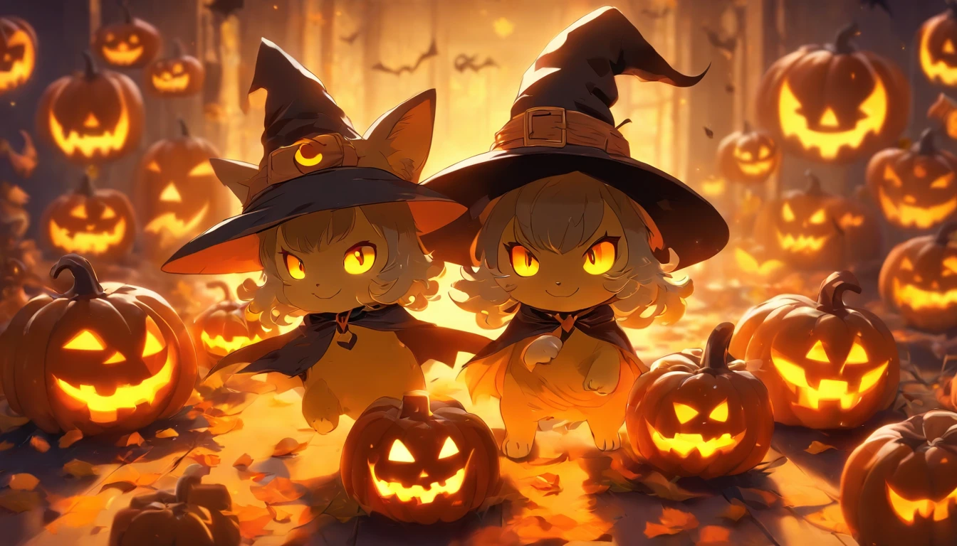 Halloween, 1 cat, yellow and white, 1 cat, dark gray, yellow eyes, Halloween cartoon costume, witch hat, jack-o '-lantern, cute ghost, candy, bat