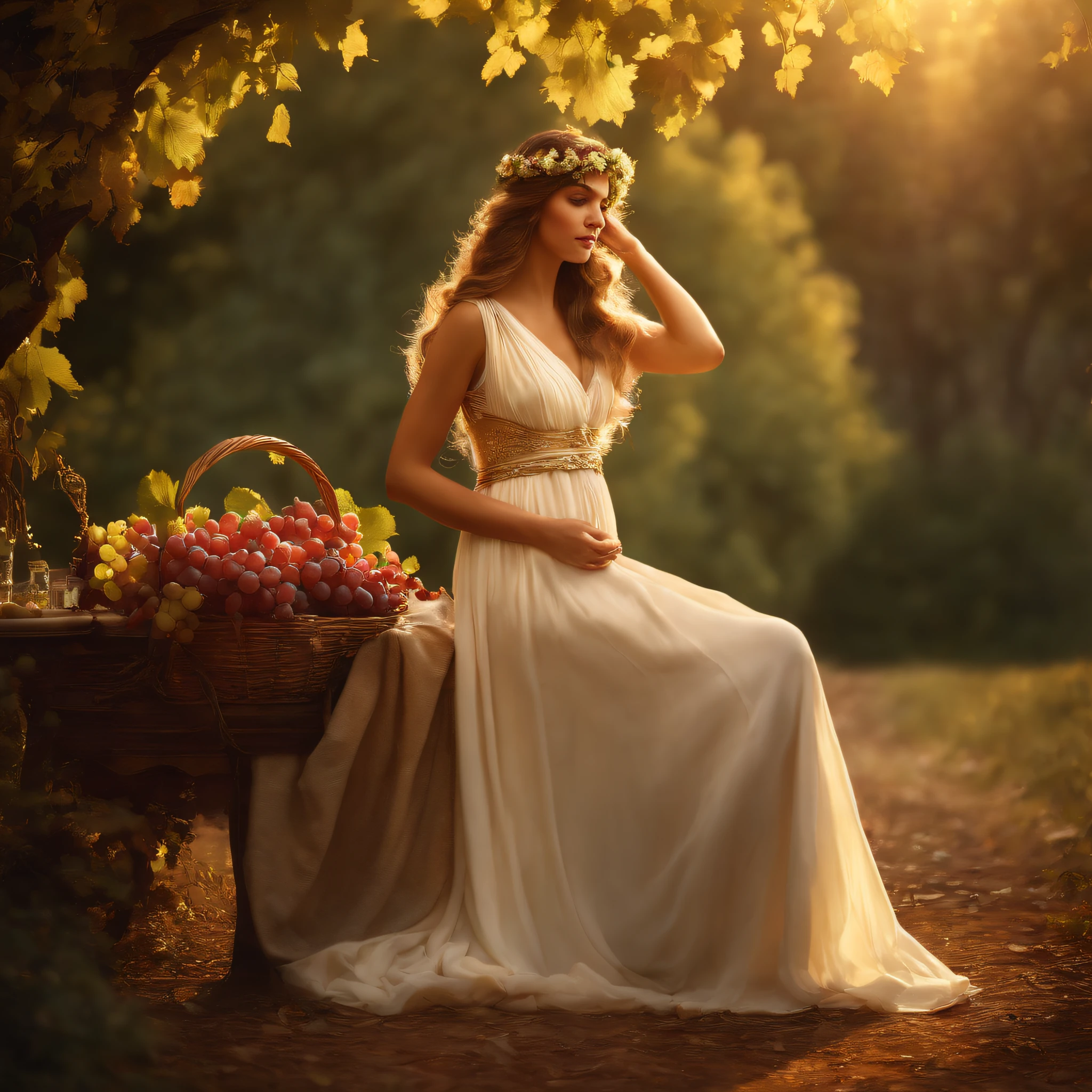 (greek goddesses,dionysus),rural landscape,beautiful flowing dress,flowing hair,grape vines,forest backdrop,sunlight filtering through trees,music and tambourines,faint smell of wine,mystical atmosphere [(ancient greek,classic) painting style:1.1], (best quality,highres,masterpiece:1.2), (realistic,photorealistic,photo-realistic:1.37),vibrant colors,soft golden lighting
