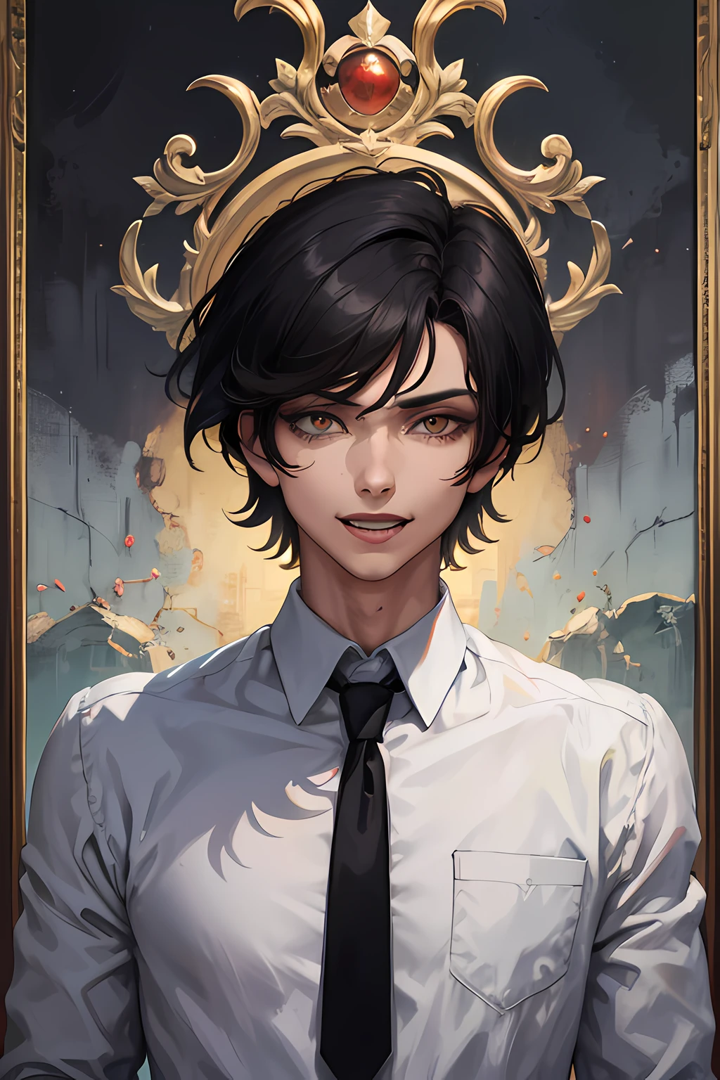 1men, portrait, 25 years old, laughing, mad, black hair, golden eyes, short hair, white shirt, blood, solo, spectator look, upper body, sky, (masterpiece:1.2, best quality)