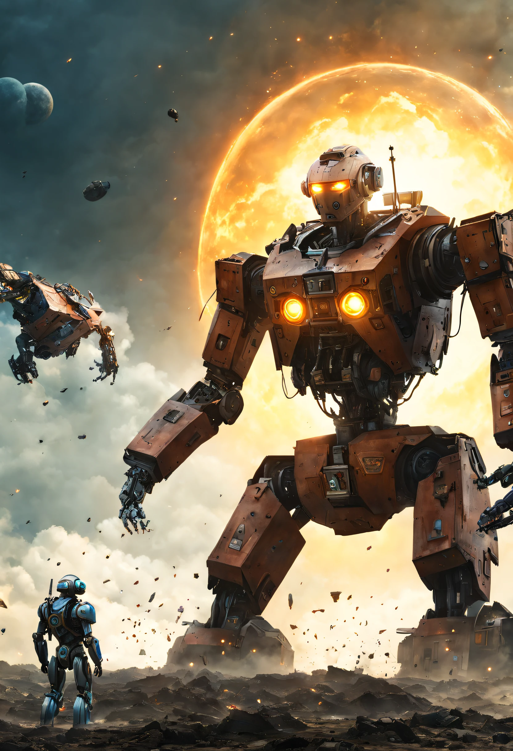 Killer iron robots from_Below from_The side spacecraft exploded above the powerful Dutch angle in the sky (AtomPunkStyleSD15:1.0) (Masterpiece:1.5) (Painting:1.1) (Best quality) (Detailed) (Intricate) (8K) (hdr) (the wallpaper) (Cinematic lighting) (Sharp focus) ZRPGSTYLE