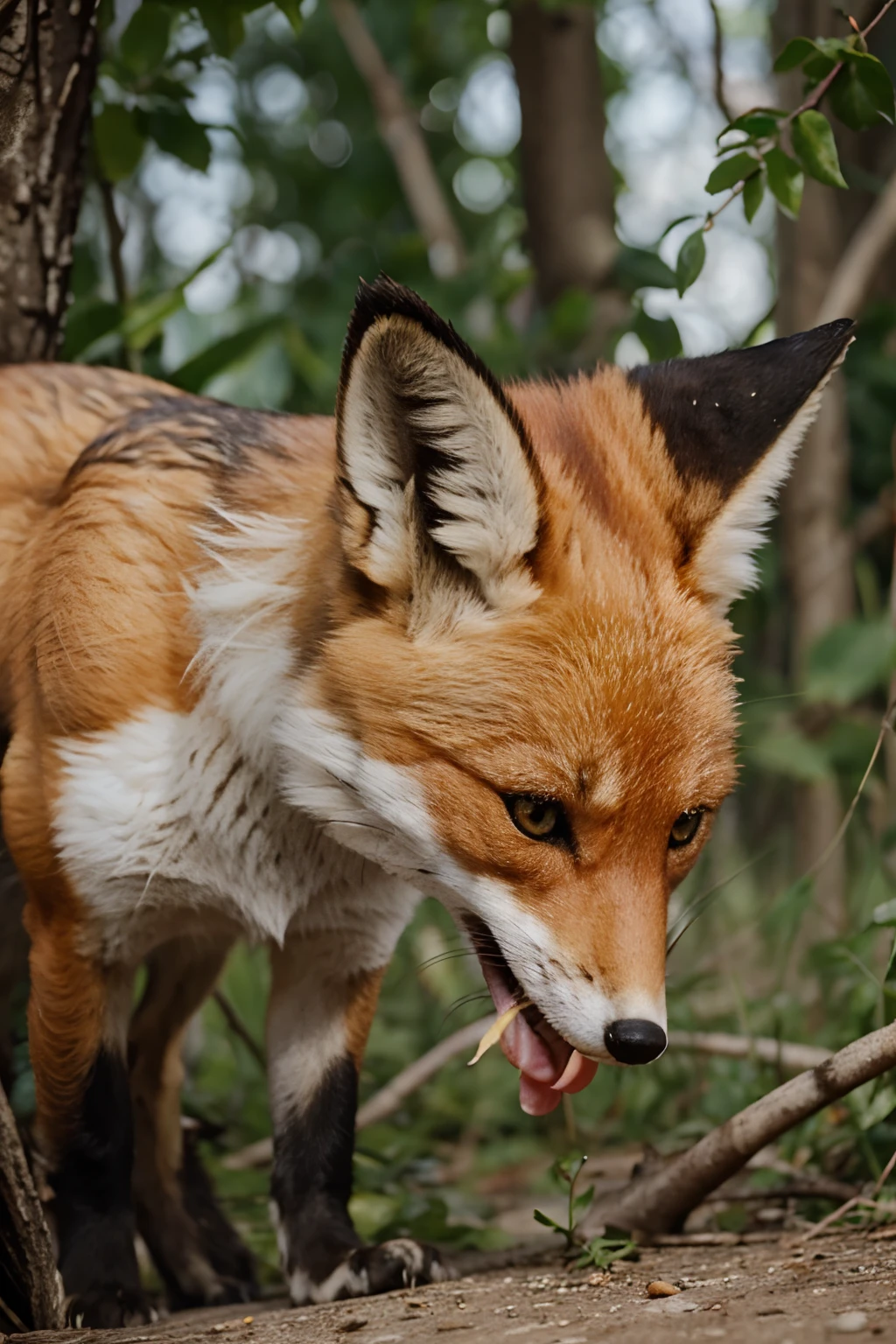Eating small birds bite Terrible wild fox
