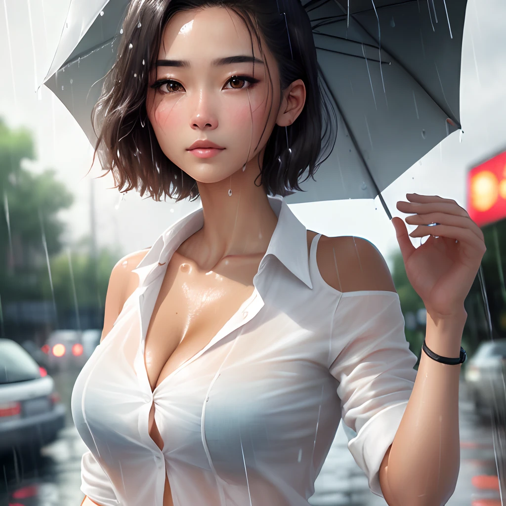 ((Best quality, 8k, Masterpiece: 1.3)), Sharp focus: 1.2, A beautiful woman with perfect body: 1.4, Slim abdomen: 1.2, ((Layered haircut, Large breasts: 1.2)), (no bra) (Small and beautiful hard nipple) (Thin and damp button up to shirt length: 1.1), (White shirt wet by rain), (Rain, Street: 1.2), Wet body: 1.1, Highly detailed face and skin texture,  Detailed eyes, Double eyelid, tanned skin, sexy, tan, dark skin, tanned body, exposed shoulders, cleavage, handjob