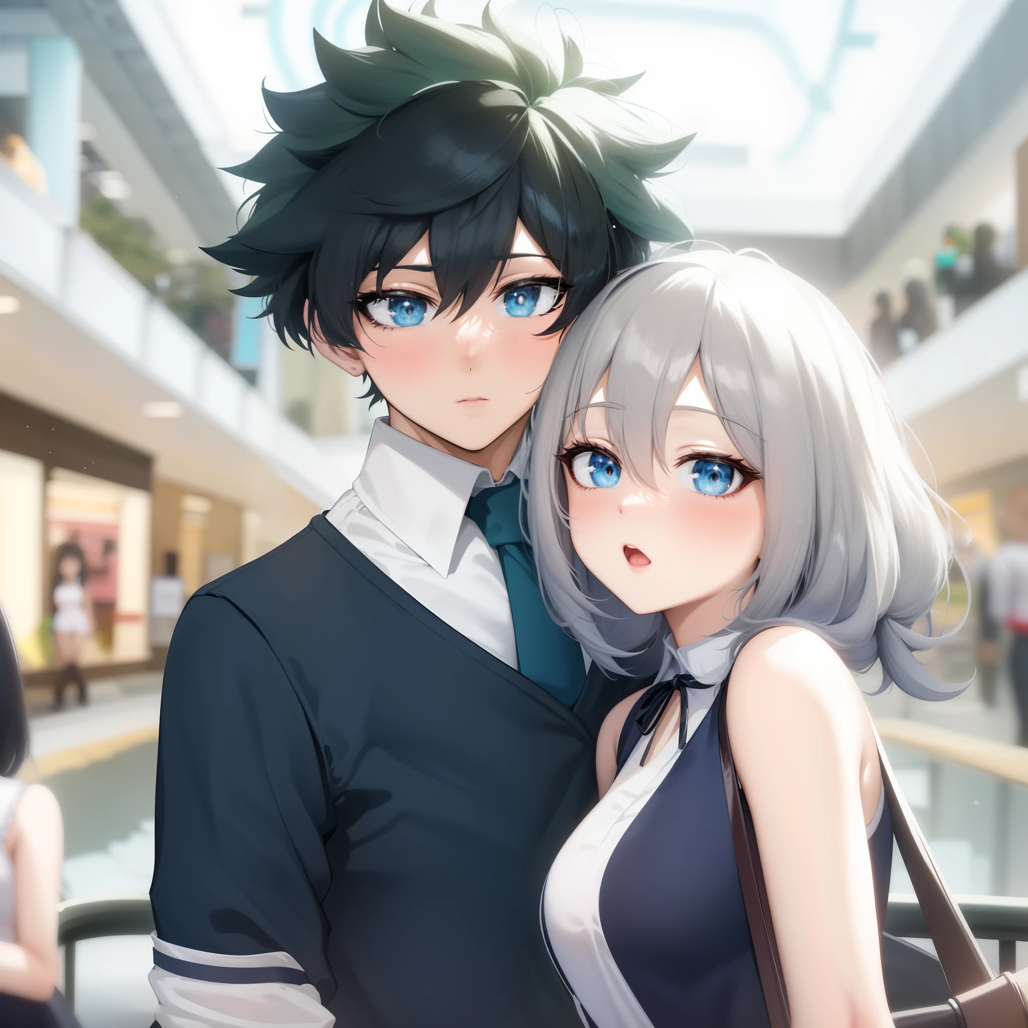 anime couple in a mall with a shopping center in the background, anime style 4 k, anime style. 8k, boku no hero academia style, high quality anime artstyle, high quality fanart, in anime style, sasoura, anime art style, 4 k manga wallpaper, in an anime style, anime wallaper, boy and girl, stylized anime