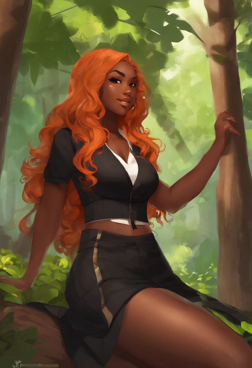 black woman, dark skin, brown skin, not pale, not white, pretty, with long curly hair, curly long orange hair, orange hair, very curvy body, sexy body, big chest, big butt. chubby. not skinny, wild eyes, green eyes, bright green eyes, and a black shirt, mariko, pixiv 3dcg, ig studios anime style, anime style 4 k, anime yandere artstyle, official artwork, expressing joy. dominant, solarpunk anime art, solar punk city, pixiv style, digital anime illustration, trending on artstation pixiv, kda, gta, evil, holding a knife, sitting in a tree, forest backdrop