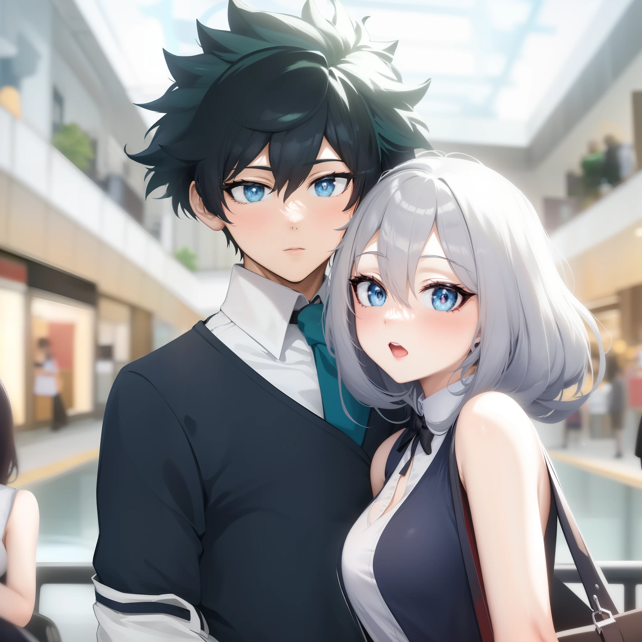 anime couple in a mall with a shopping center in the background, anime style 4 k, anime style. 8k, boku no hero academia style, high quality anime artstyle, high quality fanart, in anime style, sasoura, anime art style, 4 k manga wallpaper, in an anime style, anime wallaper, boy and girl, stylized anime