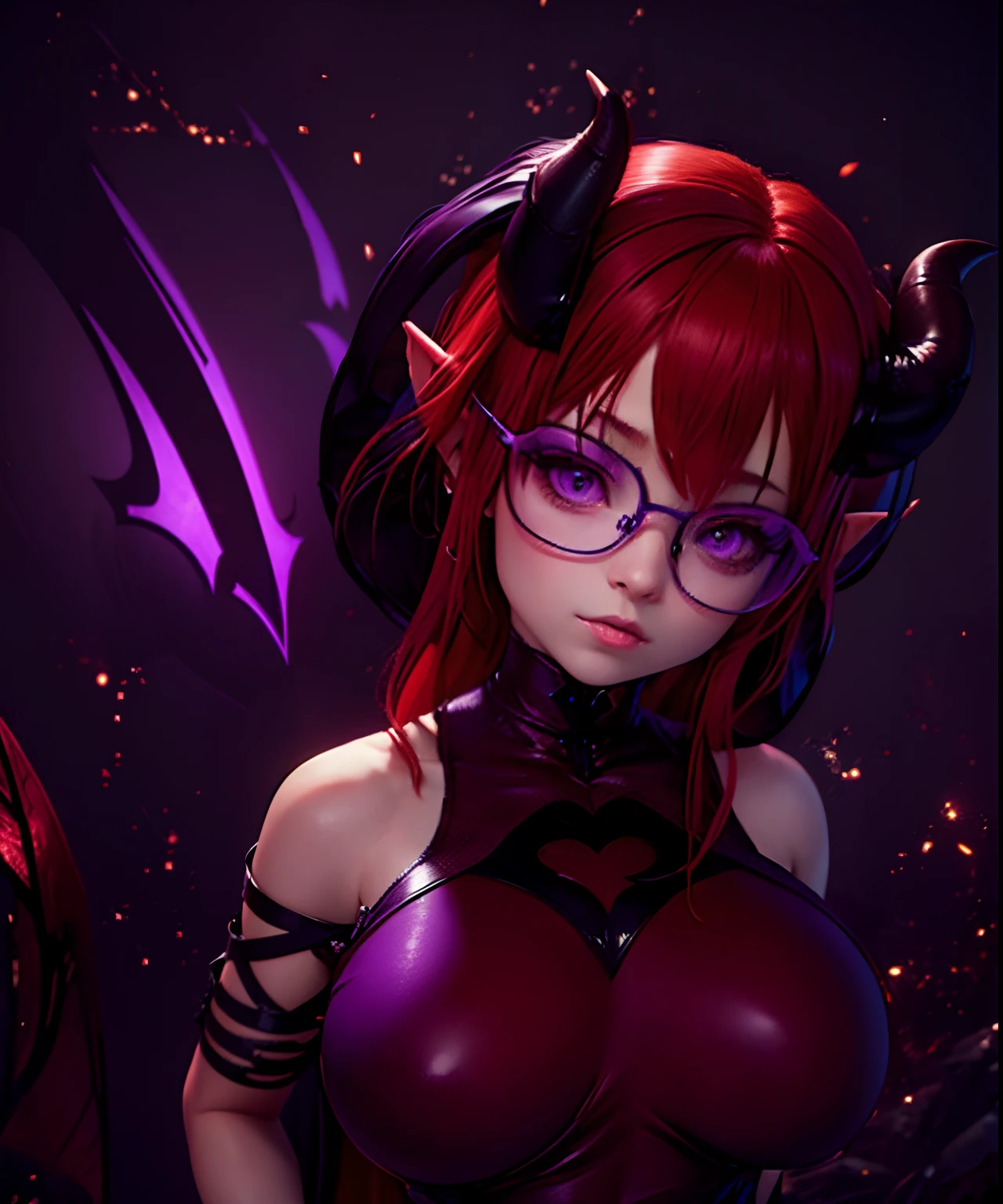 girl, anime, succubus, redhead, posing, horns, dress, tight, glasses, purple, elf ears, best quality, detailed face, 8k