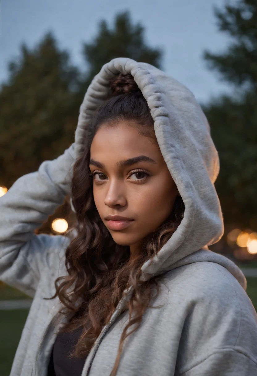 Pretty black teenage girl with curly brown hair with blonde highlights in high buns with edges with hazel eyes wearing oversized hoodie with baggy ripped jeans outside at a park during night time