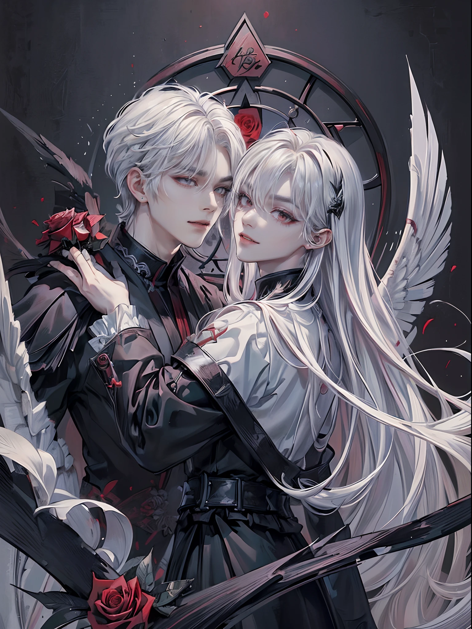 ((4K works))、masterpiece、(top-quality)、((high-level image quality))、((One Beautiful Fallen Angel Man))、Slim body、((Vampire Black Y-Shirt Fashion))、(Detailed beautiful eyes)、((Red roses and crows on fantastic black background))、Inside the Evil Castle、((Face similar to Chaewon in Ruseraphim))、((Center parting long-haired and gray-haired man))、(((white hair)))、((Smaller face))、((Neutral face))、((Red Eyes))、((Korean Male))、((18year old))、((wild boy))、((Show your teeth and smile))、((Korean makeup with black eyeshadow))、((elongated and sharp eyes))、(((Shot alone)))、((Fallen Angel))、Photos of fallen angels、Villain、Dark Proof、((Shot diagonally from the side))、King of Fallen Angels