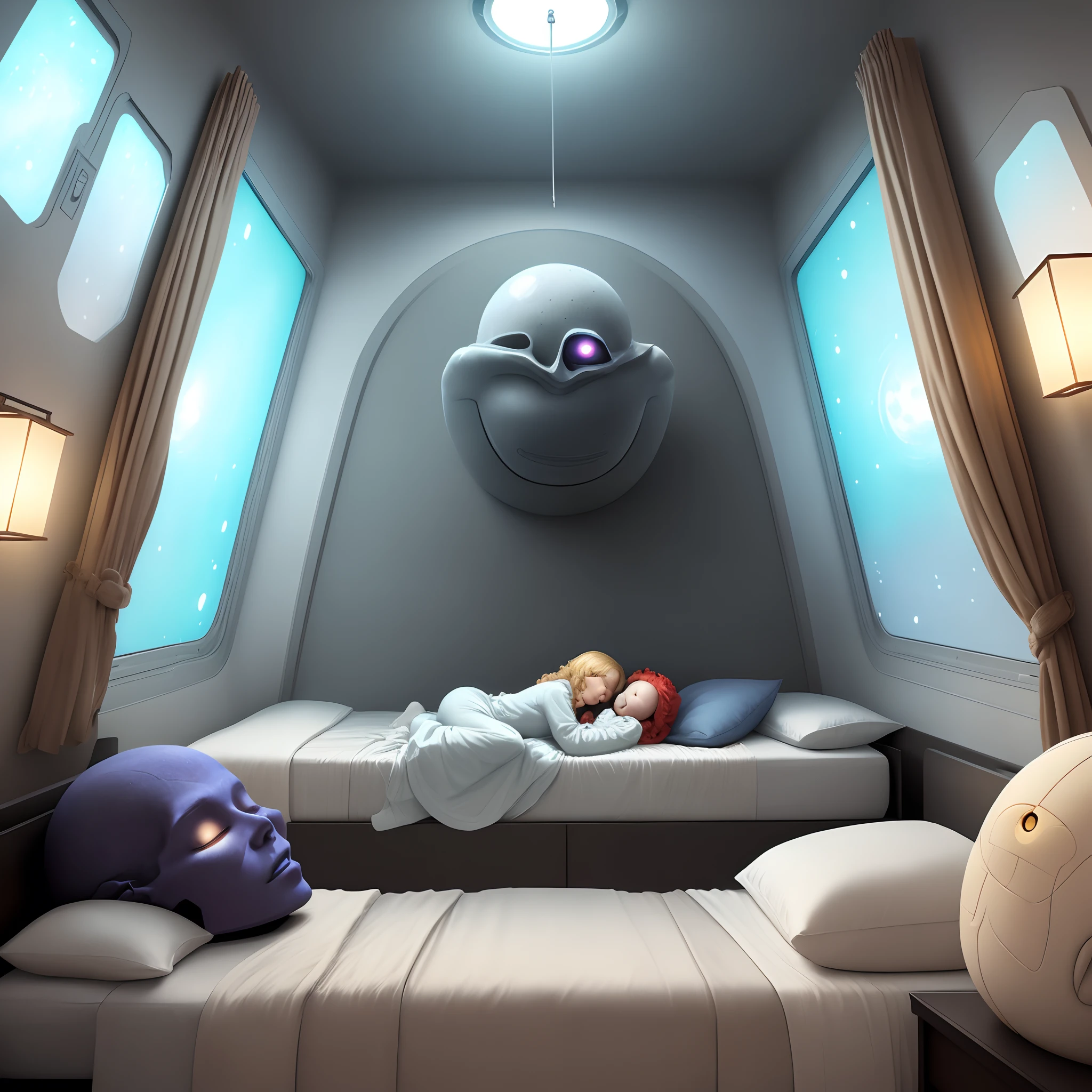 Create a person sleeping in a room with a double bed and around him there are 3 beings from another planet which have elongated skulls and bulging eyes and in this room there is a window where there are several colored lights that would be from a spaceship