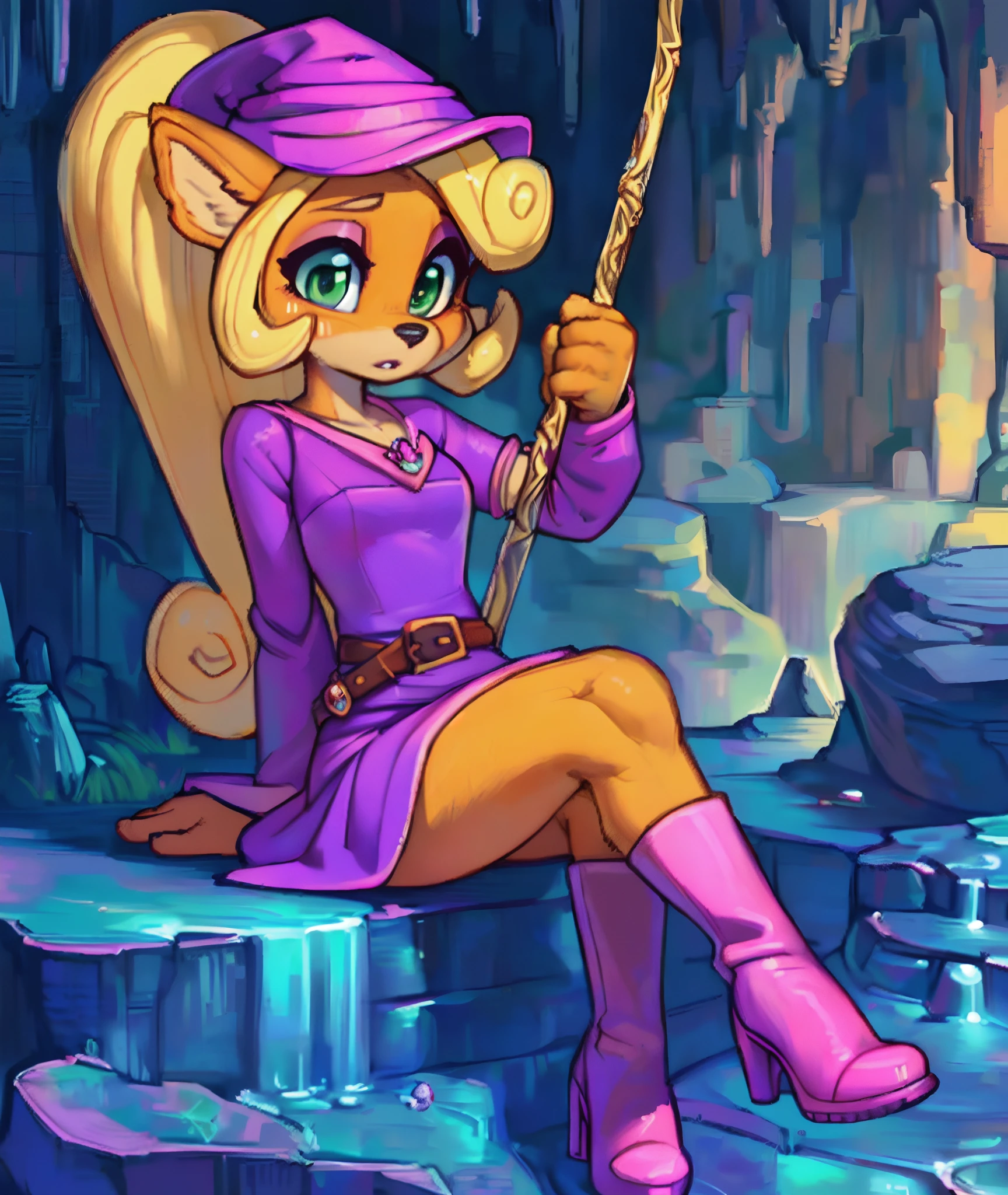 [Coco bandicoot], [Uploaded to e621.net; (Pixelsketcher), (wamudraws)], ((masterpiece)), ((high quality)), ((HD)), ((D&D)), ((mystical)), ((solo portrait)), ((full body)), ((front view)), ((furry; anthro)), ((detailed fur)), ((detailed shading)), ((beautiful render art)), ((shoes visible)), ((intricate details)), {anthro; (slim figure), orange fur, black nose, (cute green surprised eyes), (pink eyeshadow), long blonde curly hair, (curly ponytail), (curly bang), (beautiful legs), (surprised)}, {(pink witch hat), (short purple dress), (black belt), (pink boots), (heels)}, {(sitting), (holding staff), (legs crossed), (looking at viewer)}, [background; (cave), (surrounded by magic), (ambient lighting)]