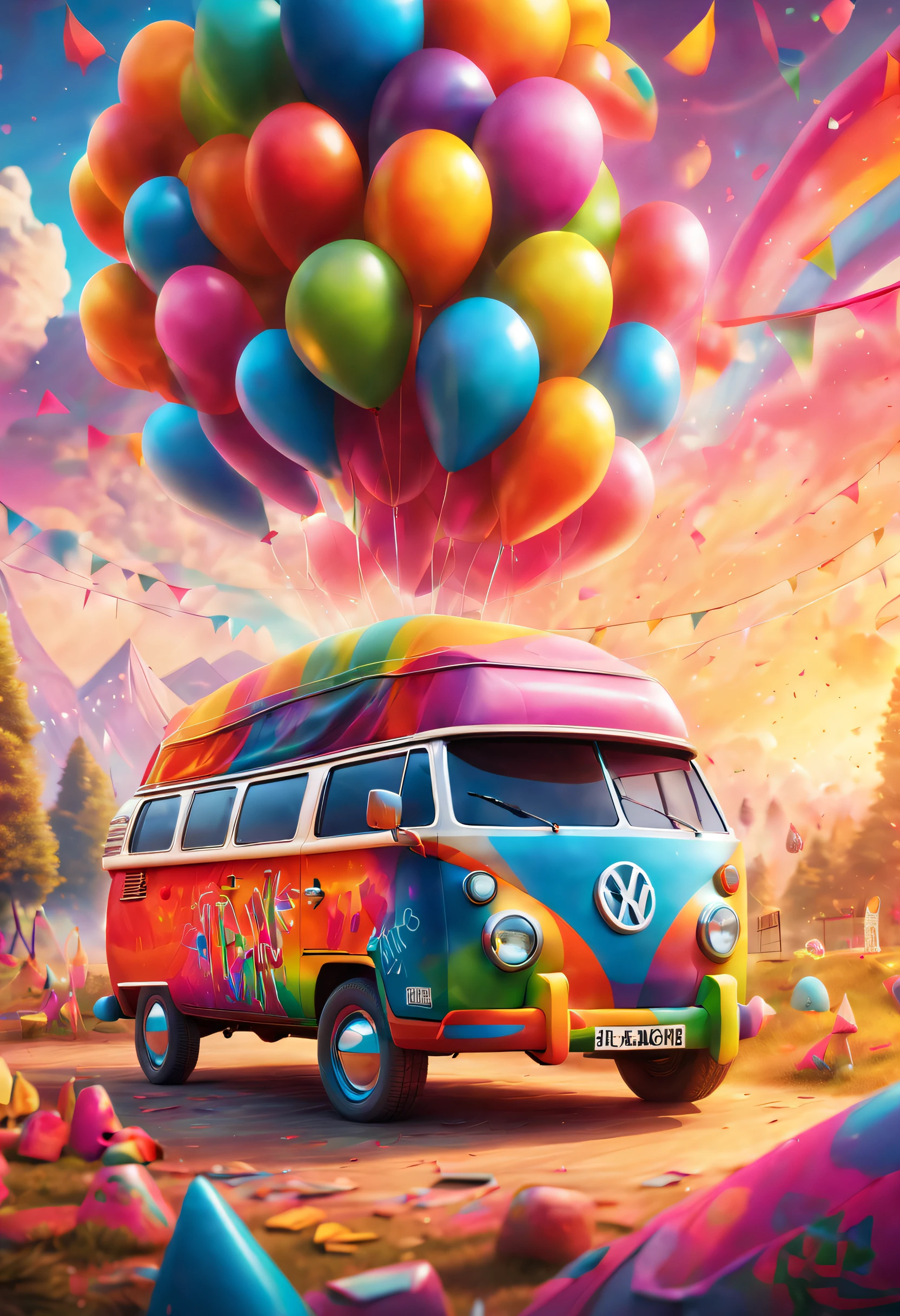 A colorful camper van in a picturesque outdoor camping site, covered in unique graffiti art. The camper van stands out with its vibrant and eye-catching graffiti pattern, adding a touch of personality to the scene. The atmosphere is filled with joy and excitement, as a group of friends gathers around the camper van, creating a festive and lively party atmosphere. Colorful balloons fill the air, decorating the surroundings with their cheerful presence. A beautiful rainbow stretches across the sky, adding a magical and whimsical touch to the scene. The image quality is of the highest caliber, with a resolution of 4k or 8k, ensuring every detail is captured with utmost clarity. The artwork is ultra-detailed, with a realistic and photorealistic rendering style that brings the image to life. The colors are vivid and vibrant, creating a captivating visual experience. The lighting is expertly executed, with studio lighting that enhances the overall ambiance of the scene.