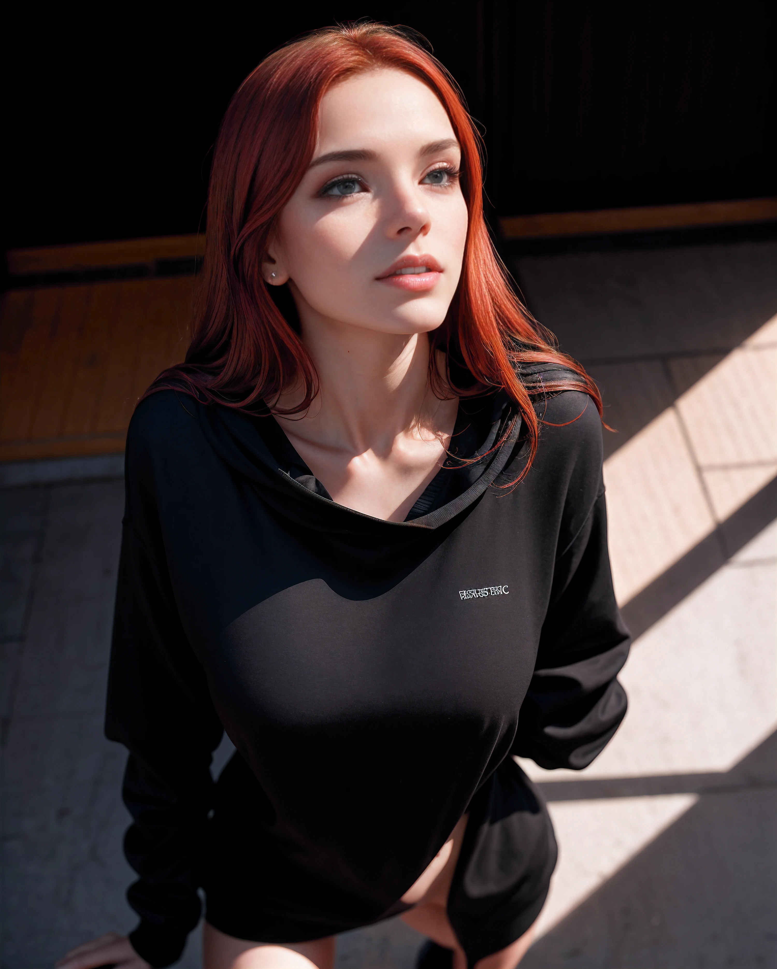 (Naked:1.2), Photo of a chic young woman from a high angle in the style of Stefan Kostic, realistic skin texture, Looking Up,black sweatshirt, 1 / 2 Exterior Finishes, 8 5mm Artistic Lens, F 1. 2, sharp-focus, 8K High definition, insanely detailed, Intricate, elegant, Drawn by Stanley Lau and artgerm, Black Widow, straight red hair.