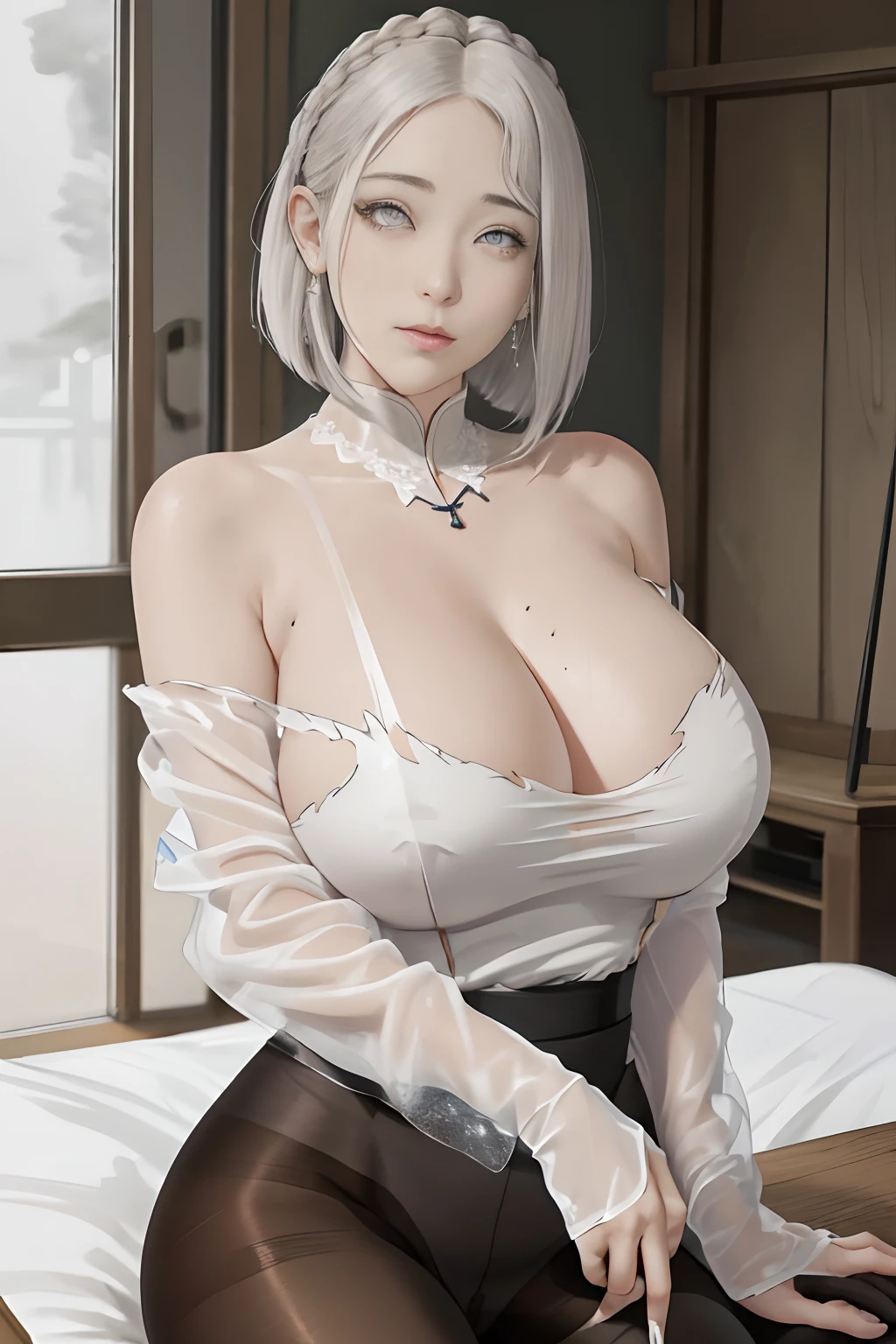 Best quality at best,highly detailed,tmasterpiece,ultra - detailed,(Fidelity:1.2),1个Giant Breast Girl,(white backgrounid),simple backgound,Elaborate Eyes,Silvery hair,a purple eye,Hair_decorations,(white offshoulder shirt:1.3),Long hair,pointy ears,crown braid,face expressionless,hair straight,(++Sit Pose:1.2),huge tit,There was a young woman,A necklace is worn around his neck, young lovely Korean faces, girl cute-fine face, Soft portrait shot 8 K, jaeyeon nam, beautiful Japanese girl face, portrait cute-fine-face, cute delicate face, Shin Jinying, beautiful portrait image, wan adorable korean face, beautiful aesthetic face, Cute natural anime face Portrait style photo, Portrait photography, voluminous lighting, one-girl, Wicked smile, Dynamic lighting blonde,White color blouse, soft, Perfect, Pale skin;, Perfect white haired girl, Soft portrait shot 8 K, pale glowing skin, Girl with gray hair, Beautiful pale makeup, soft pale golden skin, soft pale white skin, high quality portrait, Natural soft pale skin, medium portrait soft light, White-haired girl, hair light, Casual style of clothing,, long whitr hair, White colored hair, chuuChloe,Masterpiece, Masterpiece,Best quality,offcial art,Extremely detailed CG unifies 8K, 8K, Diamond, and Wallpaper, Best quality, Bare_bshoulders, side-tie_Bikini, Victorian, black sock, Transparent underwear, ((((Torn pantyhose)))), (((((Huge breasts))))), Short hair, Gradient hair, two tone color hair, Wet hair, Hair down, Forehead, alternate hairstyle, hair slicked back, crown braid, Braided bun, hair-bun, diagonal bangs, Asymmetrical bangs, alternate hair length, Absurdly long hair, Very short hair,(((short detail(((short detailed hair))))((Ballet))))(((Emotional movement))))Comb the hair on one side,Transparent top,((Strangling feeling)),dual horsetail(((Emotive expressions, (((gigantic cleavage breasts,))), ))))model posing ,Lace,((((Forehead))))in a colorful fantasy realism style, kawaii art, yanjun cheng, Glowing portrait, Real