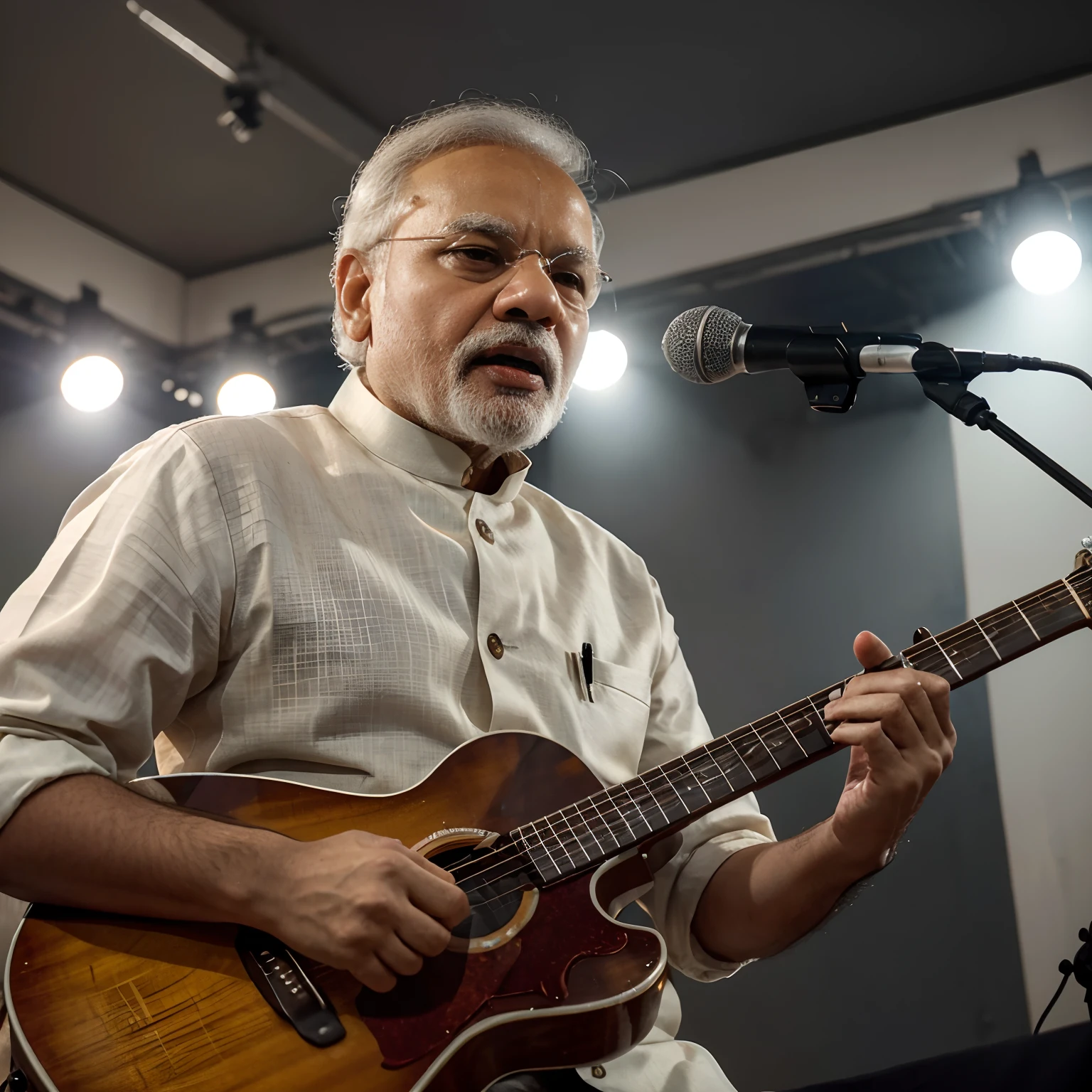 (Masterpiece: 1.3), (8k, realistic, RAW photo, best quality: 1.4), Narendra Modi, Holding guitar, singing on microphone, Best quality, high resolution, masterpiece, best detail, 8k, close-up, to create a simple and unique image, .