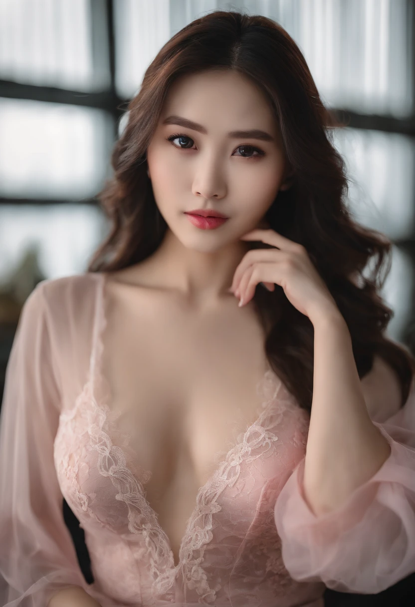 Chinese girl VN02, Shot on a Nikon Z7 II mirrorless camera,120 mm F/4 Wide angle Best quality, Masterpiece, Ultra detailed, Pink silk lace transparent half bra,Pink briefs, rendering by octane, Beautiful detailed eyes, ultra detailed hair, Charming, Plump breasts, Sexy,, long whitr hair , Exposed cleavage