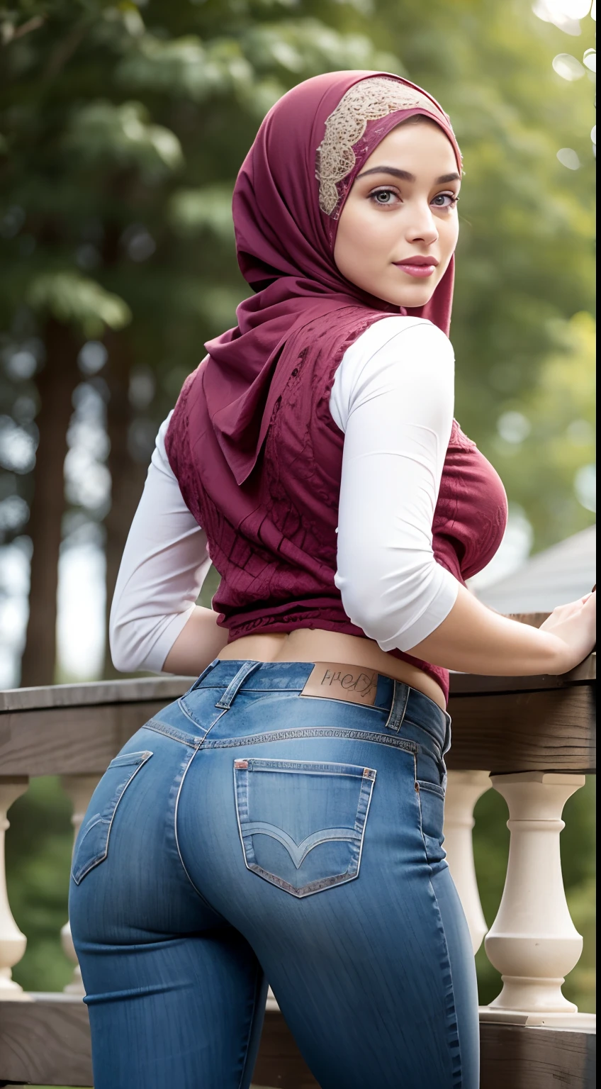 ..........RAW, Best quality, High resolution, Masterpiece: 1.3), belle femme malaise en hijab, Masterpiece, Corps mince parfait, (gros seins), beaux grands yeux, Doux sourire, Masterpiece:1.2, Best quality), Realstic, (real picture, Intricate details, profondeur de champ,High-collared garments,pantalon en jean,Panoramic Camera), Lip Spacing, highly detailed, visage parfait, corps parfait, Large Models, mature woman, grand, longues jambes, se penchant en avant et se tournant pour montrer son cul, Fond naturel bokeh, .....RAW, Best quality, High resolution, Masterpiece: 1.3), belle femme malaise en hijab, Masterpiece, Corps mince parfait, (gros seins), beaux grands yeux, Doux sourire, Masterpiece:1.2, Best quality), Realstic, (real picture, Intricate details, profondeur de champ,High-collared garments,pantalon en jean,Panoramic Camera), Lip Spacing, highly detailed, visage parfait, corps parfait, Large Models, mature woman, grand, longues jambes, turned around to show her ass, Fond naturel bokeh