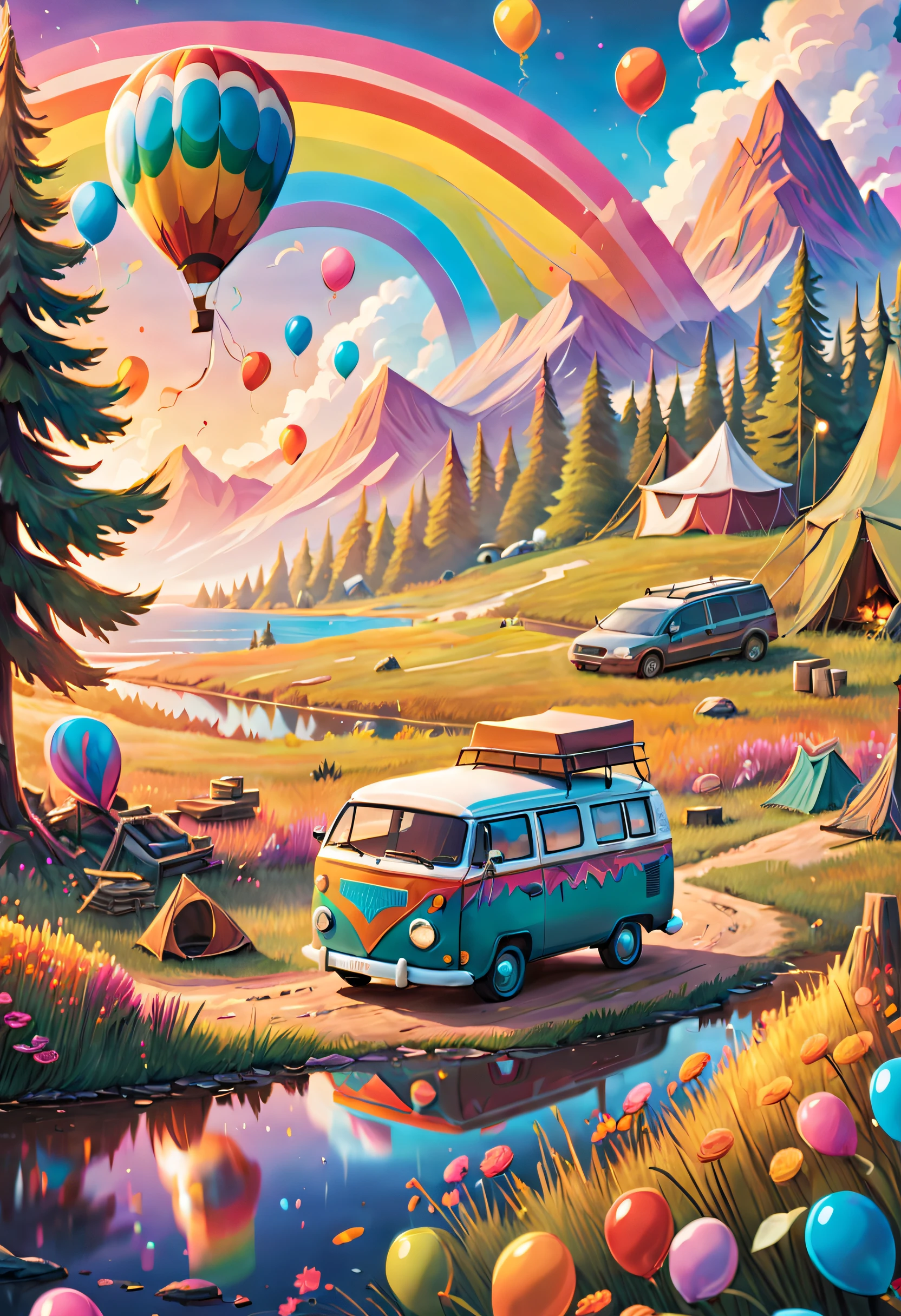 A vibrant, lively scene featuring a camper van parked in the great outdoors. The camper van has unique and eye-catching graffiti patterns that give it a personality of its own. The surrounding area is set up for a camping trip, with tents, a cozy bonfire, and people enjoying themselves. The atmosphere is joyous and filled with laughter as friends gather around, sharing stories and creating memories. Colorful balloons float in the sky, and a beautiful rainbow stretches across the horizon, adding a touch of magic to the scene. The artwork is of the highest quality, with ultra-detailed elements that bring the image to life. It has a realistic and photorealistic style, capturing every intricate detail with sharp focus. The colors are vivid and vibrant, enhancing the overall aesthetic. The lighting is beautifully done, creating a warm and inviting atmosphere.