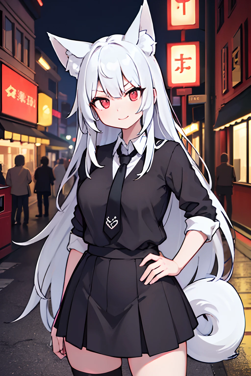 1girl, long sliver hair, black necktie, light smile, red eyes, corneo_power,, buildings,shops,town streets, dark sky, scenery,neon signs,night city, japanese lyrics,, , absurdres, detailed eyes, extremely detailed, volumetric lighting, realistic, realistic lighting, 8k, cinematic lighting, depth of field, perfect, hyper-detailed, photorealistic, ultra-realistic, realistic light, hard lighting, intricate details, stop motion, tonemapping, sharp focus, hyper detailed,Fox hears, 9 tails, look more human, school girl,cute girl, girl look at the viewer, beautiful pose, serious expression