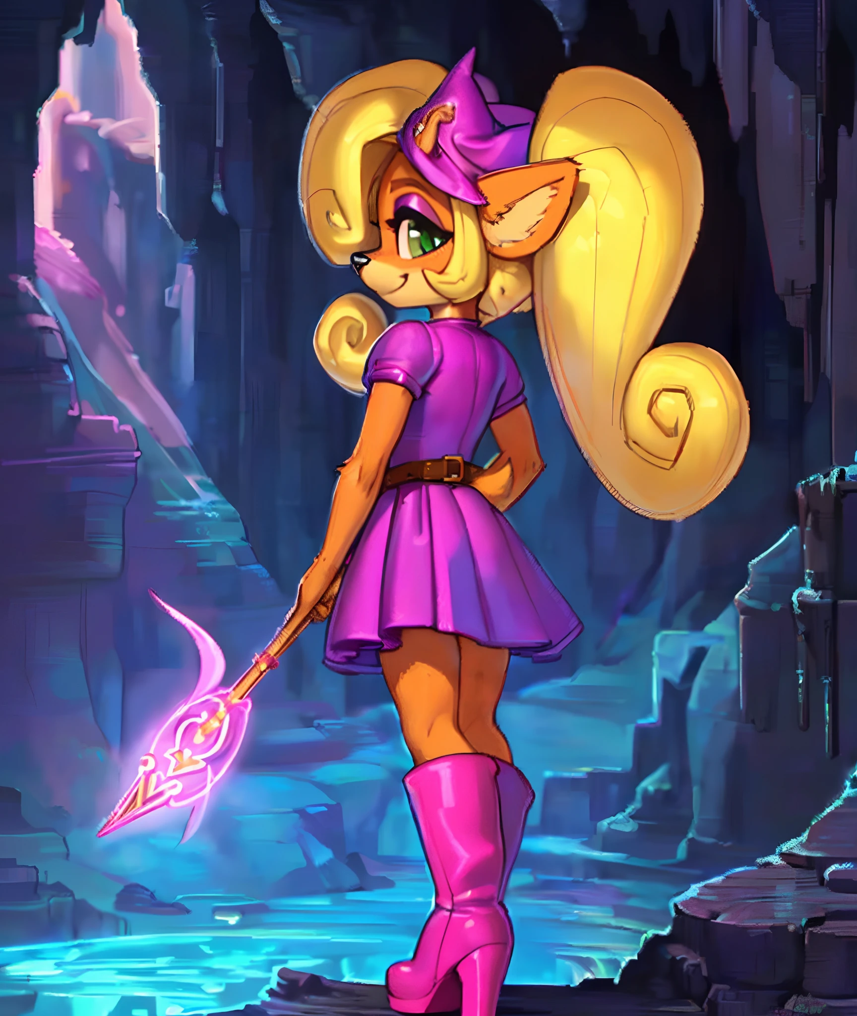 [Coco bandicoot], [Uploaded to e621.net; (Pixelsketcher), (wamudraws)], ((masterpiece)), ((high quality)), ((HD)), ((D&D)), ((mystical)), ((solo portrait)), ((full body)), ((back view)), ((furry; anthro)), ((detailed fur)), ((detailed shading)), ((beautiful render art)), ((shoes visible)), ((intricate details)), {anthro; (slim figure), orange fur, black nose, (cute green eyes), (pink eyeshadow), long blonde curly hair, (curly ponytail), (curly bang), (beautiful legs), (smug grin)}, {(pink witch hat), (short purple dress), (black belt), (pink boots), (heels)}, {(standing), (holding staff), (looking back)}, [background; (cave), (surrounded by magic), (ambient lighting)]