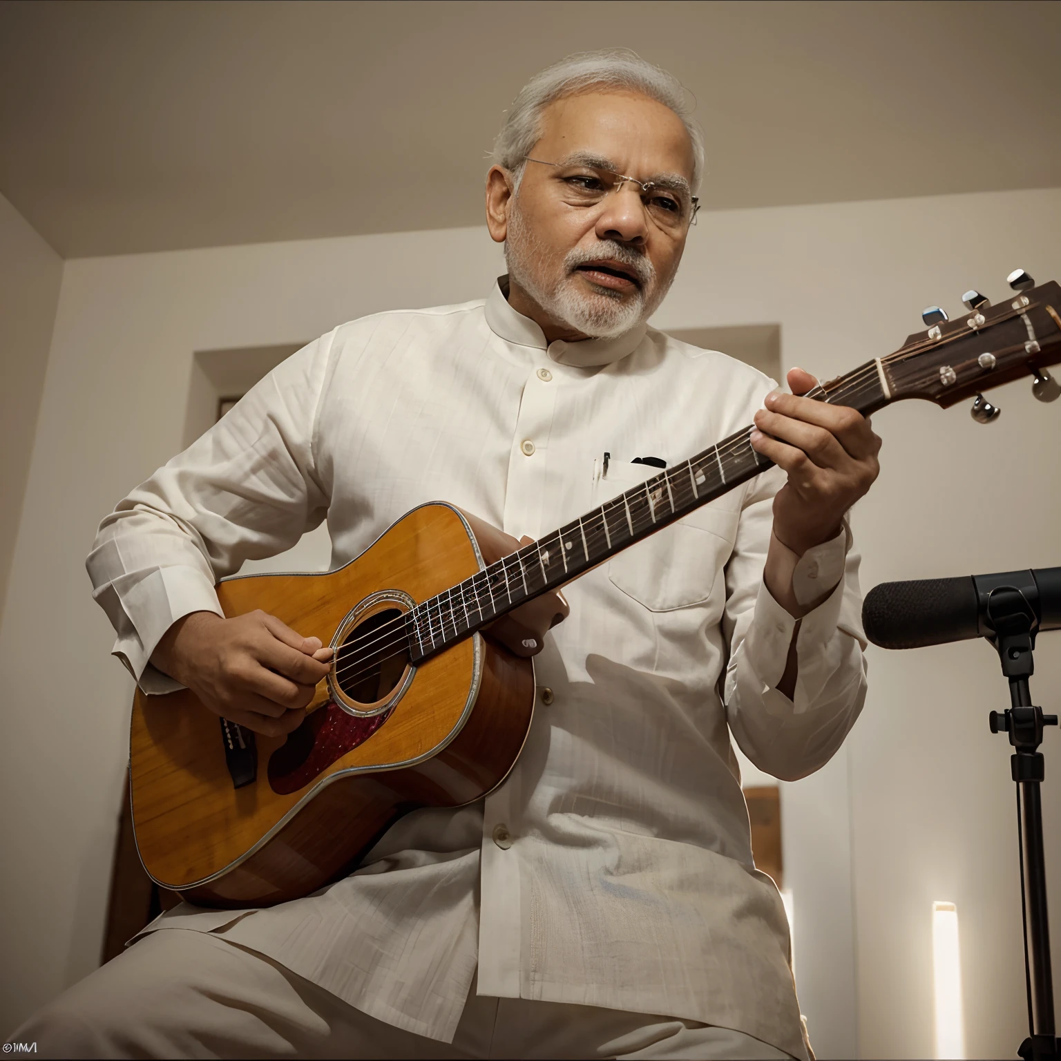 (Masterpiece: 1.3), (8k, realistic, RAW photo, best quality: 1.4), Narendra Modi, Holding guitar, singing on microphone, Best quality, high resolution, masterpiece, best detail, 8k, close-up, to create a simple and unique image, .