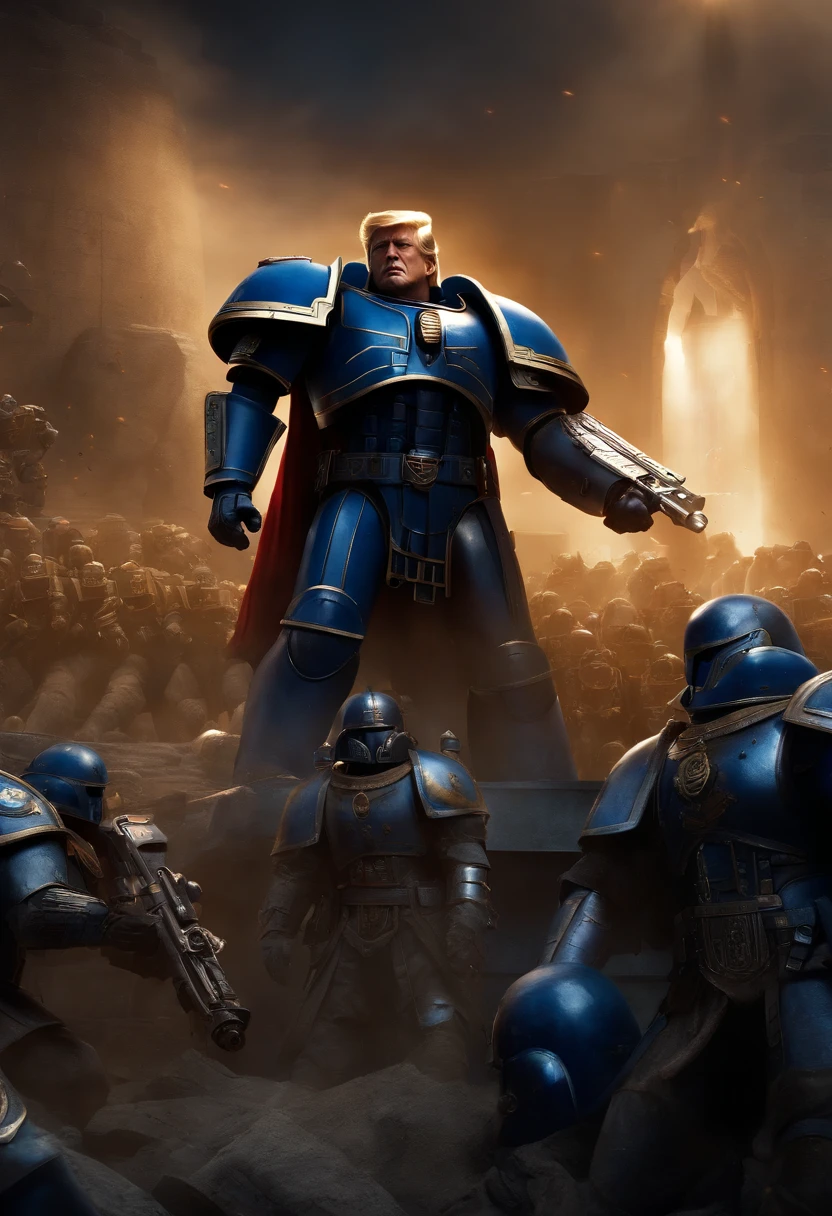 (best quality,highres,masterpiece:1.2),ultra-detailed,realistic,Donald Trump, Warhammer 40k Ultramarines, Terra, Horus, space marines, imperial palace, speech, march, group, powerful lighting, vibrant colors, epic scene, intense atmosphere, detailed armor, strong facial expressions, dynamic poses, futuristic technology, immense crowd, grand architecture, heroic backdrop, energetic gestures, dramatic shadows, fierce battle, epic confrontation, immense scale, war-torn landscape, suspenseful mood