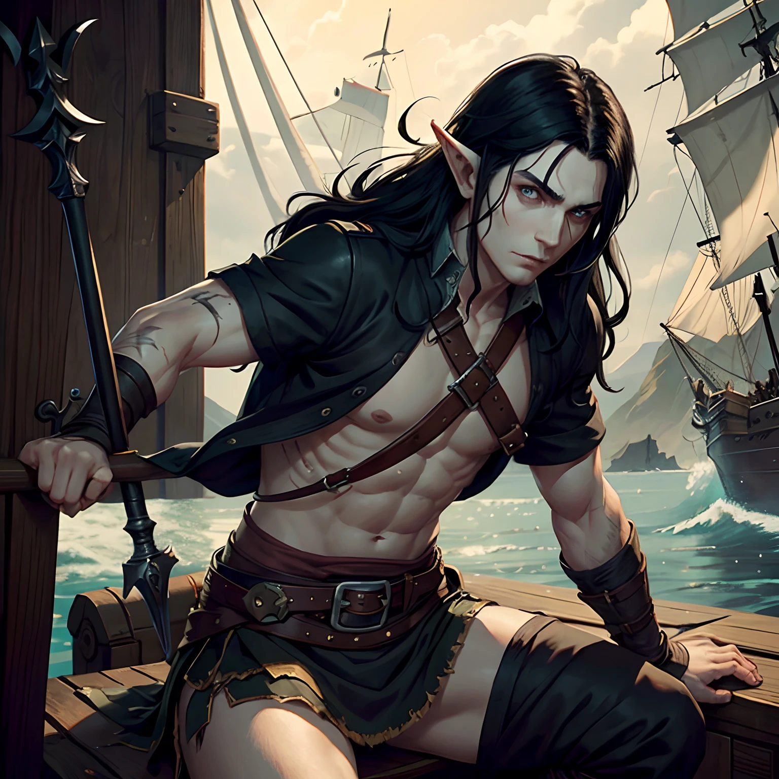 Lonely male elf. a pirate. ah high. pale skin. Long black hair. A manly face. scar on face. without a beard. white shirt. leather armour. Long knee-length kilt. tattoo on the chest. rapier. stands. On the island