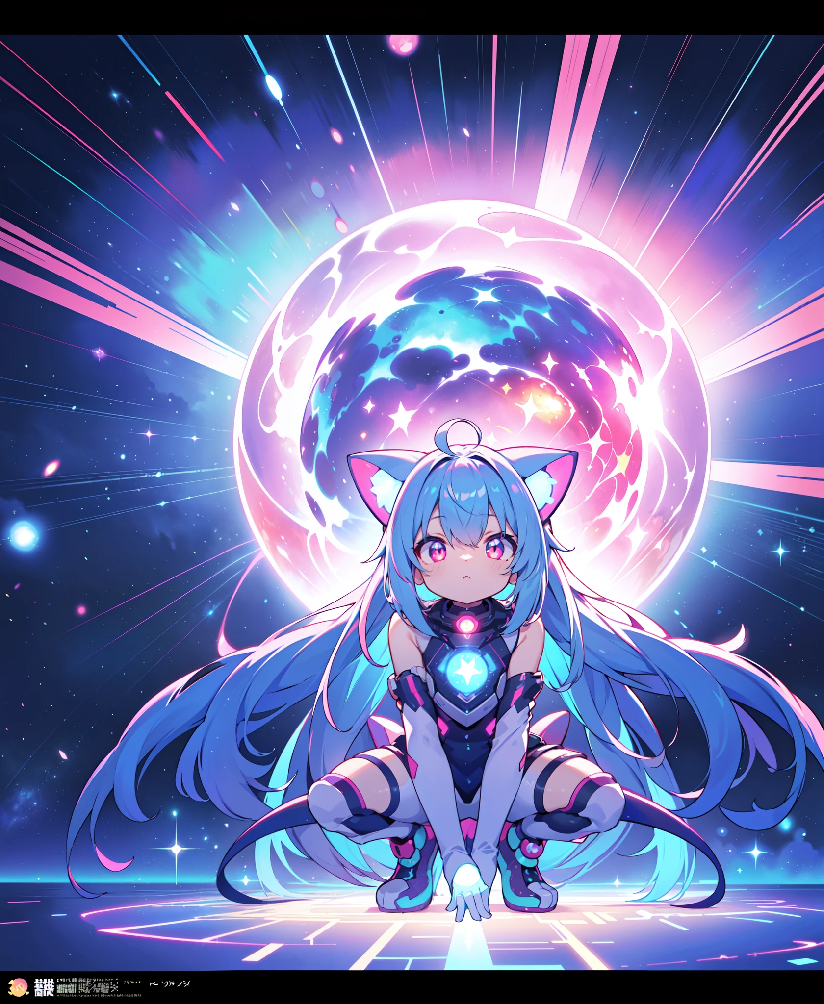 ,futuristic evolved Nekomata,(neon glowing body),2 tails,holographic,(extremely cute appearance:1.4),(cosmic and spectacular atmosphere:1.4)crouching pose,(light particles:1.4),(best quality:1.4),(production art:1.4),ultra-detailed:1.4,highres