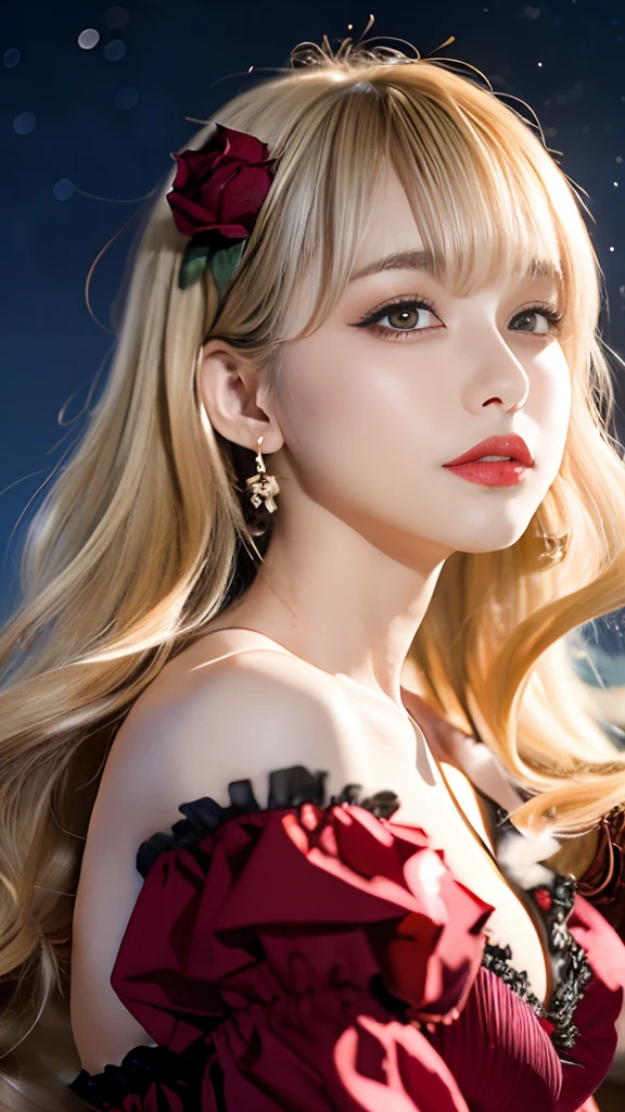 (master piece:1.2, Best Quality), Realistic, (real picture, Intricate details, depth of fields), highly-detailed, (night time, starry skies), ((red ta Dress, puff sleeves)), (Neat face), (TeenJapanese girl dancing in a rose garden at late night), (blonde hair, long wavy hair, blunt bangs), Fair skin, Parted lips, rose-colored lips, (roses:1.2), starry skies, stars:1.3