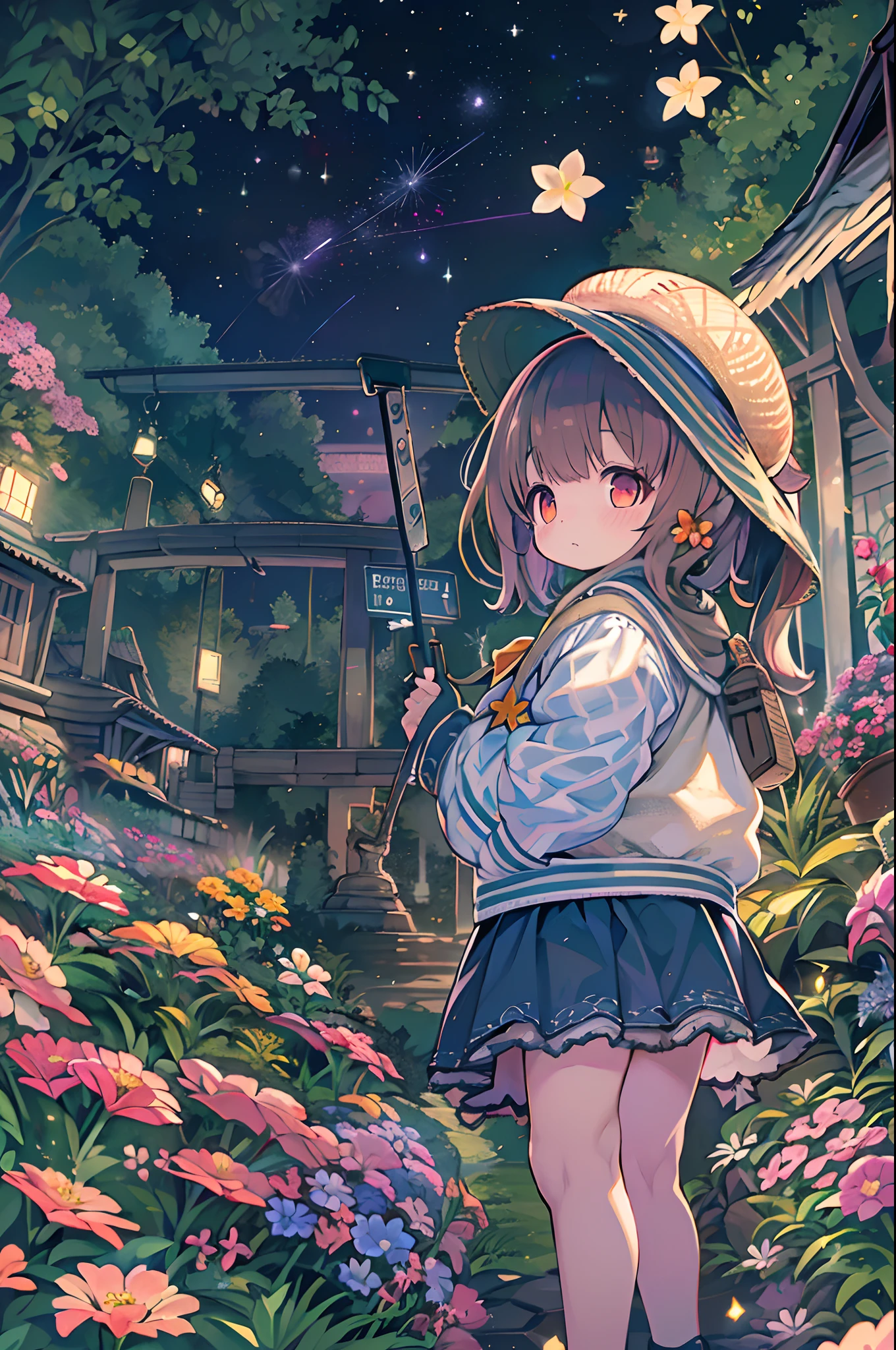 of the highest quality, high_resolution, Distinct_image, Detailed background, girl, flower, garden, Starry sky,、Huge chubby、Ultramammy、