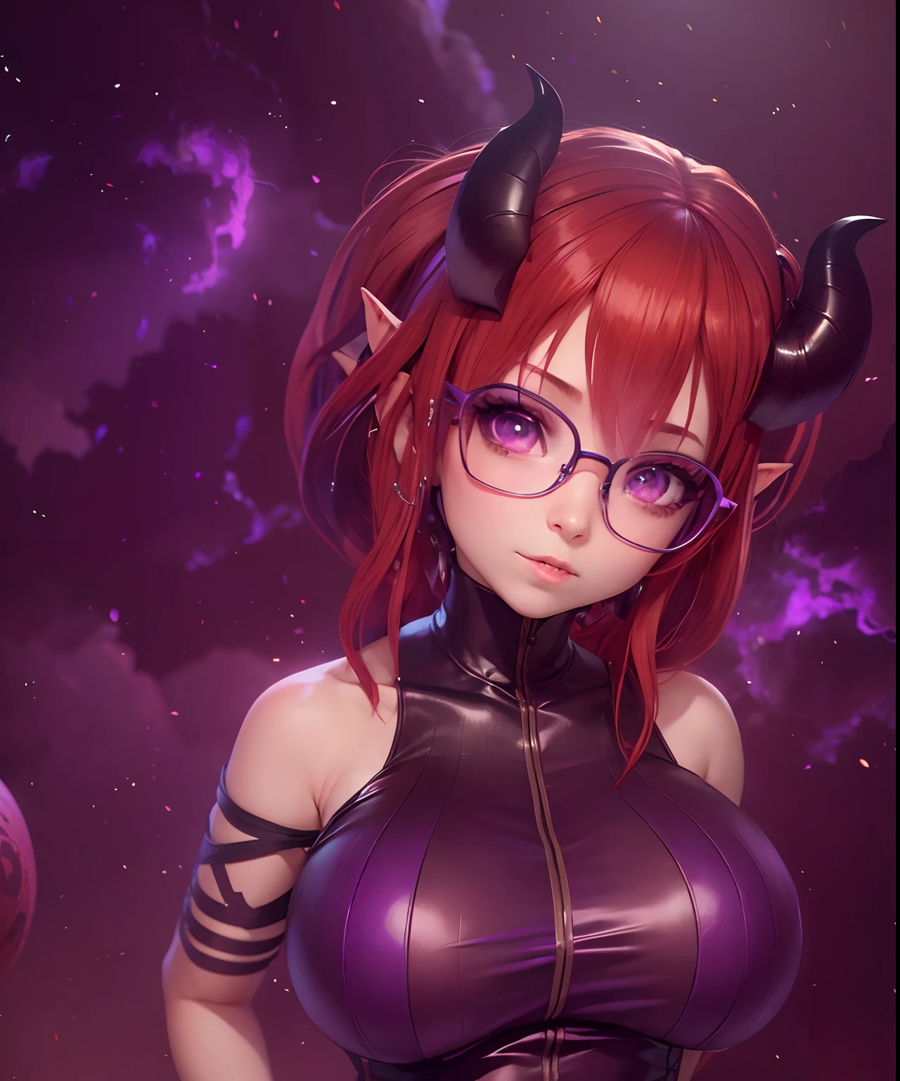girl, anime, succubus, redhead, posing, horns, dress, tight, glasses, purple, elf ears, best quality, detailed face, 8k