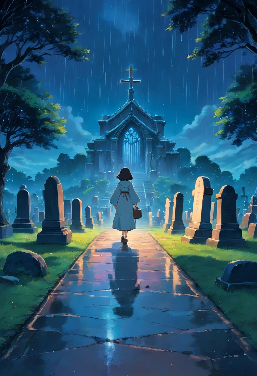 No Man, No animals, O spirit, Ghosts, Background, graveyard, grave stones, rain, Night sky, starrysky, absurderes, A high resolution, ultrasharp, 8K, Masterpiece, blurryforeground