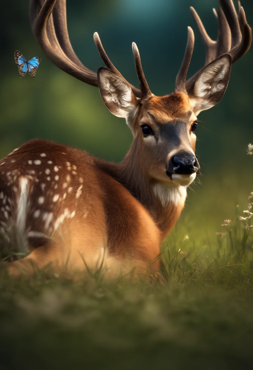 A brown deer lying on the grass,In the sky are butterflies flying
(Masterpiece: 1.5) (Photorealistic: 1.1) (Bokeh) (Best quality) (Detailed skin texture, pores, hair: 1.1) (Intricate) (8K) (hdr) (the wallpaper) (Cinematic lighting) (Sharp focus )