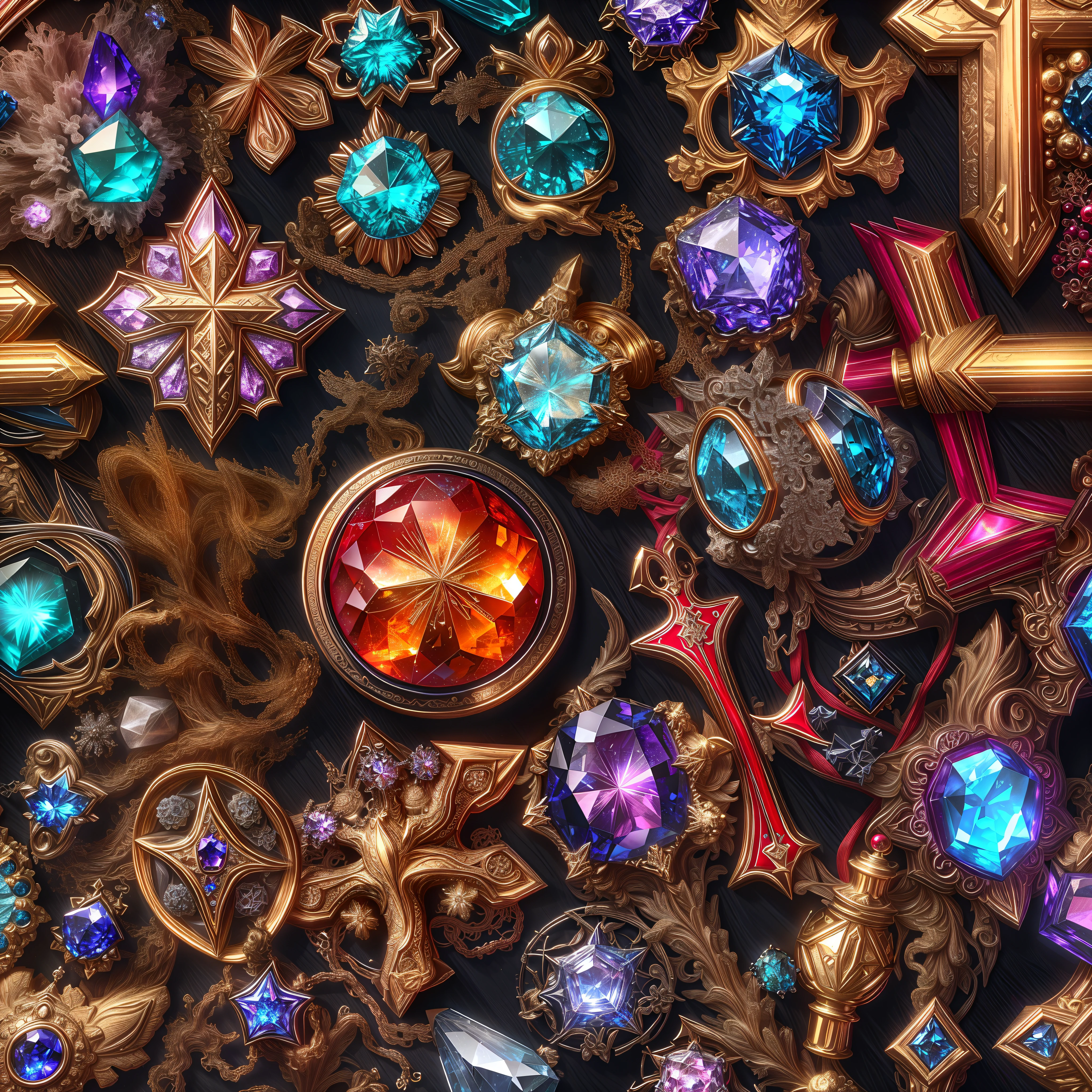 (Iron Cross style: 1.2), (Full Focus: 2), (Everything in Display Cabinet: 1.3), (Magic Items | Colorful Gems | Cherry Blossoms | Printed Silk Products | Medals | Ores | Obsidian | Pearl | Emerald | White Jade | Amethyst | Sapphire | Gold Products | Silver Products | Purple Gold | Magical Jewelry | Antiques | Ruby | Orange Gem | Blue Gem | Topaz |: 2), Magic Symbols, Magic Particle Effects, High Tech Luxury, High Value Jewelry, High Value Metal, Luxury items, no puzzles, detailed and complex backgrounds, sparkling, reflective light, ultra high definition, award-winning, a high-resolution, high detail texture, contrast between light and dark, cinematic lighting, masterpieces, ray tracing, structurally correct, super details, high-quality, high detail, best quality, 16k