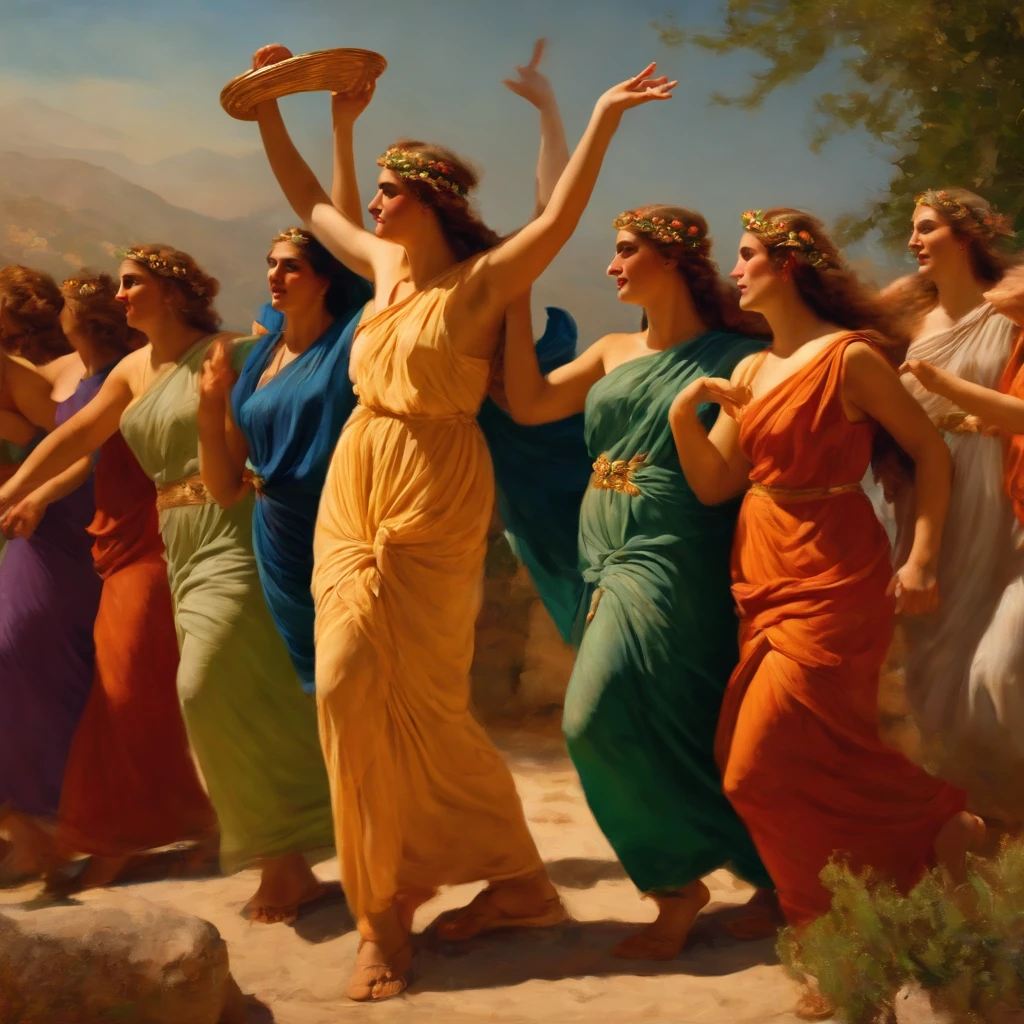 Greek Maenads in an Ancient Greek rural landscape, female devotees of Dionysus in a frenzy