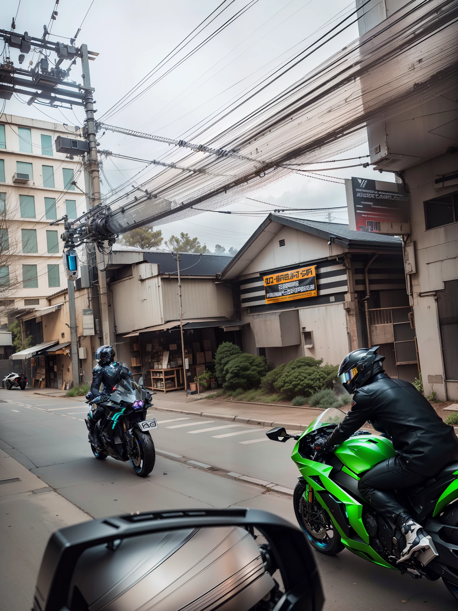 Black Cyber mechanical motorcycle，High-tech black full enveloping helmet，Nousr， Biomechanicals，High-tech helmet，hyper realisitc， Steel， Complex design， insanely details， finely detailled， Extremely clear lines， cinmatic lighting， photograph realistic， A detailed masterpiece